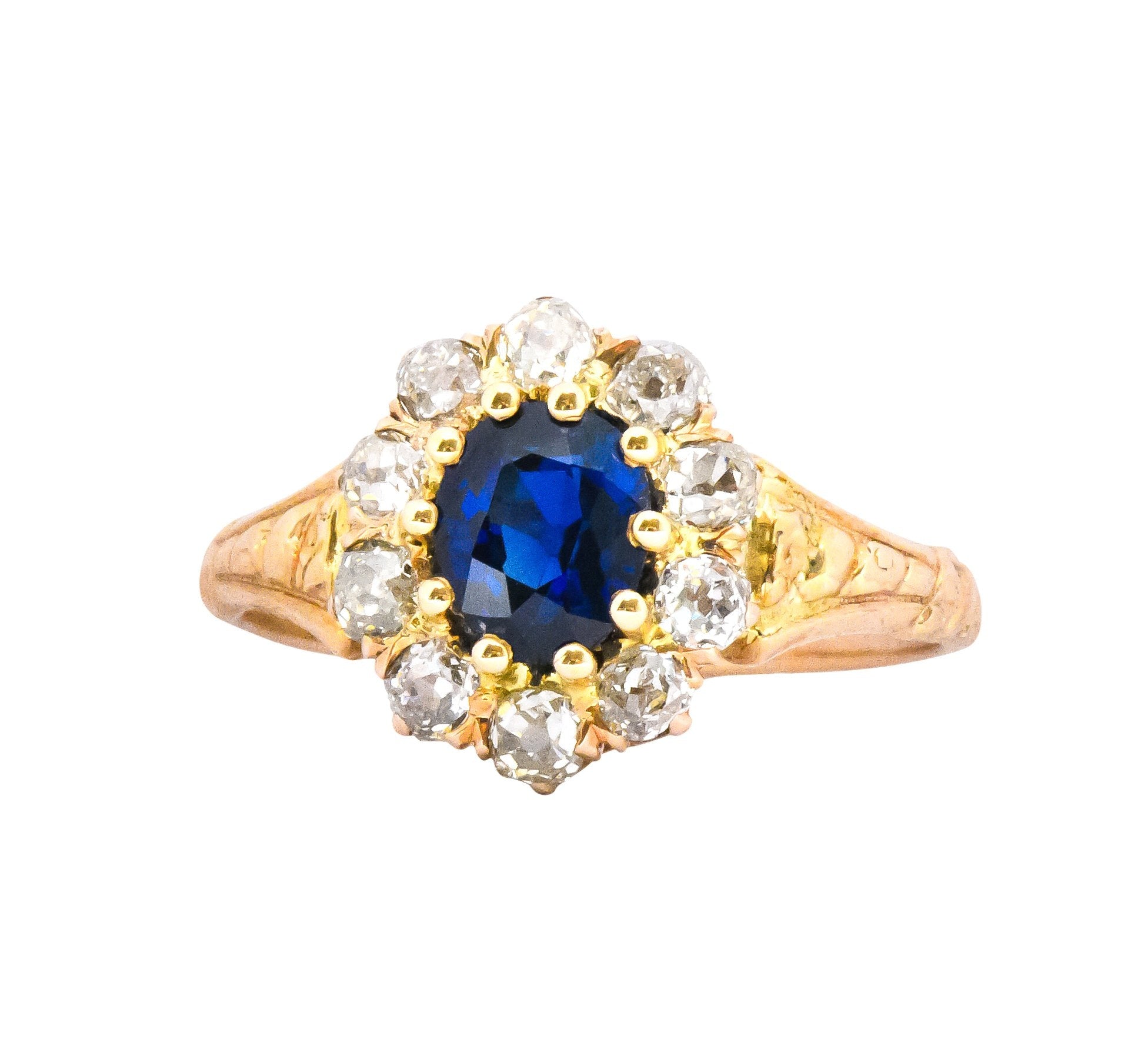Victorian 1.57 CTW Sapphire Old Mine Cut Diamond 14 Karat Gold Cluster Ring Wilson's Estate Jewelry