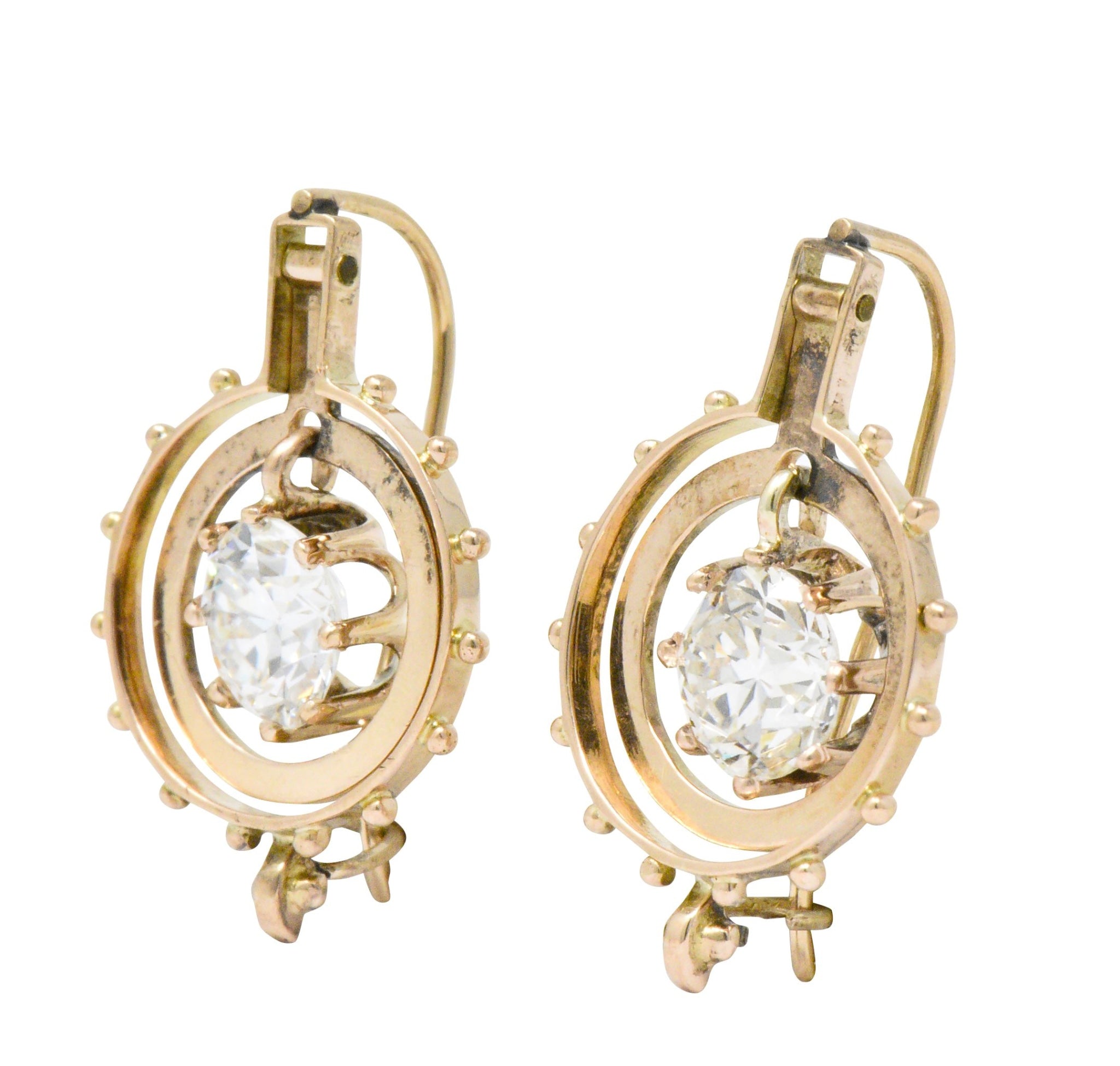 Victorian 1.95 CTW Diamond 14 Karat Rose Gold Drop Earrings GIA Wilson's Estate Jewelry