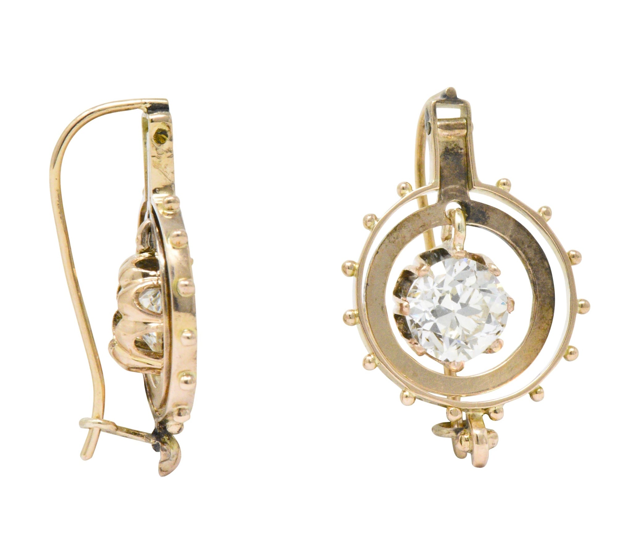 Victorian 1.95 CTW Diamond 14 Karat Rose Gold Drop Earrings GIA Wilson's Estate Jewelry