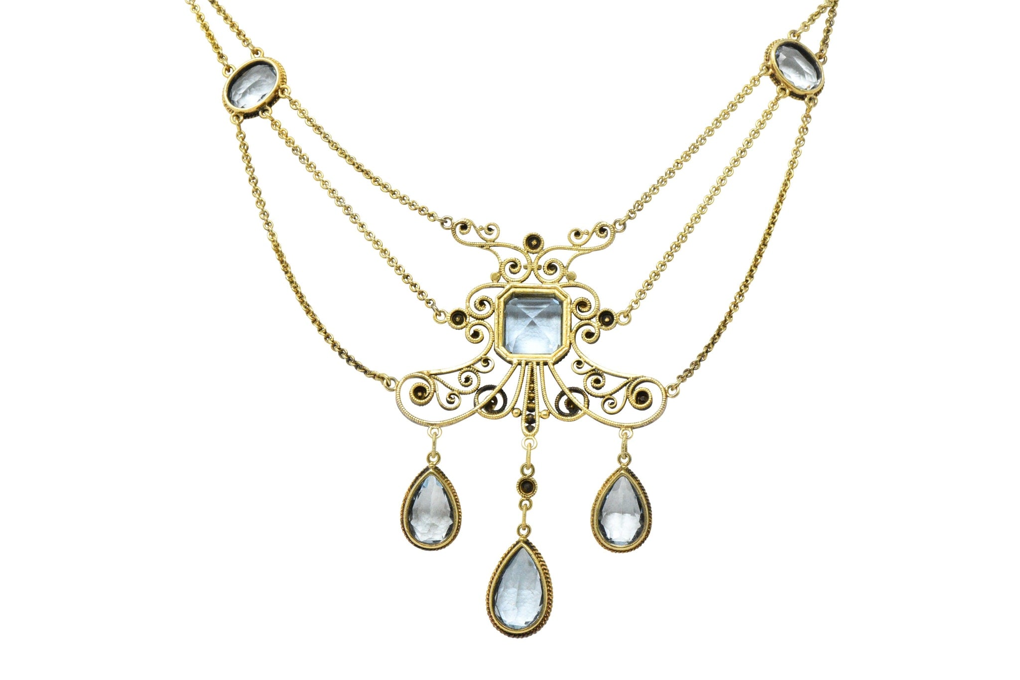 Victorian 10.00 CTW Aquamarine Seed Pearl 14 Karat Gold Swag Necklace Wilson's Estate Jewelry