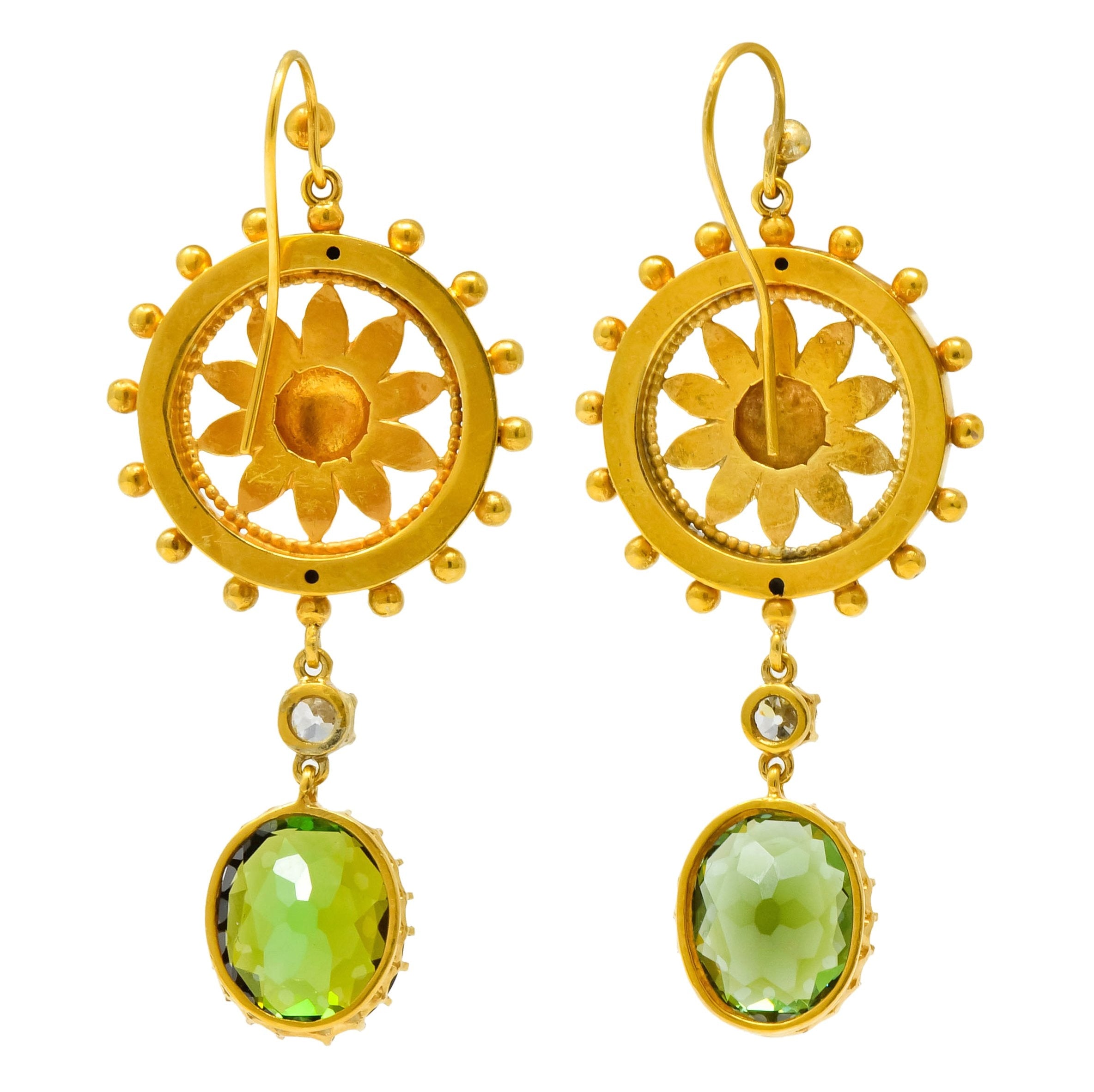 Victorian 10.36 CTW Tourmaline Diamond 14 Karat Gold Floral Drop Earrings - Wilson's Estate Jewelry