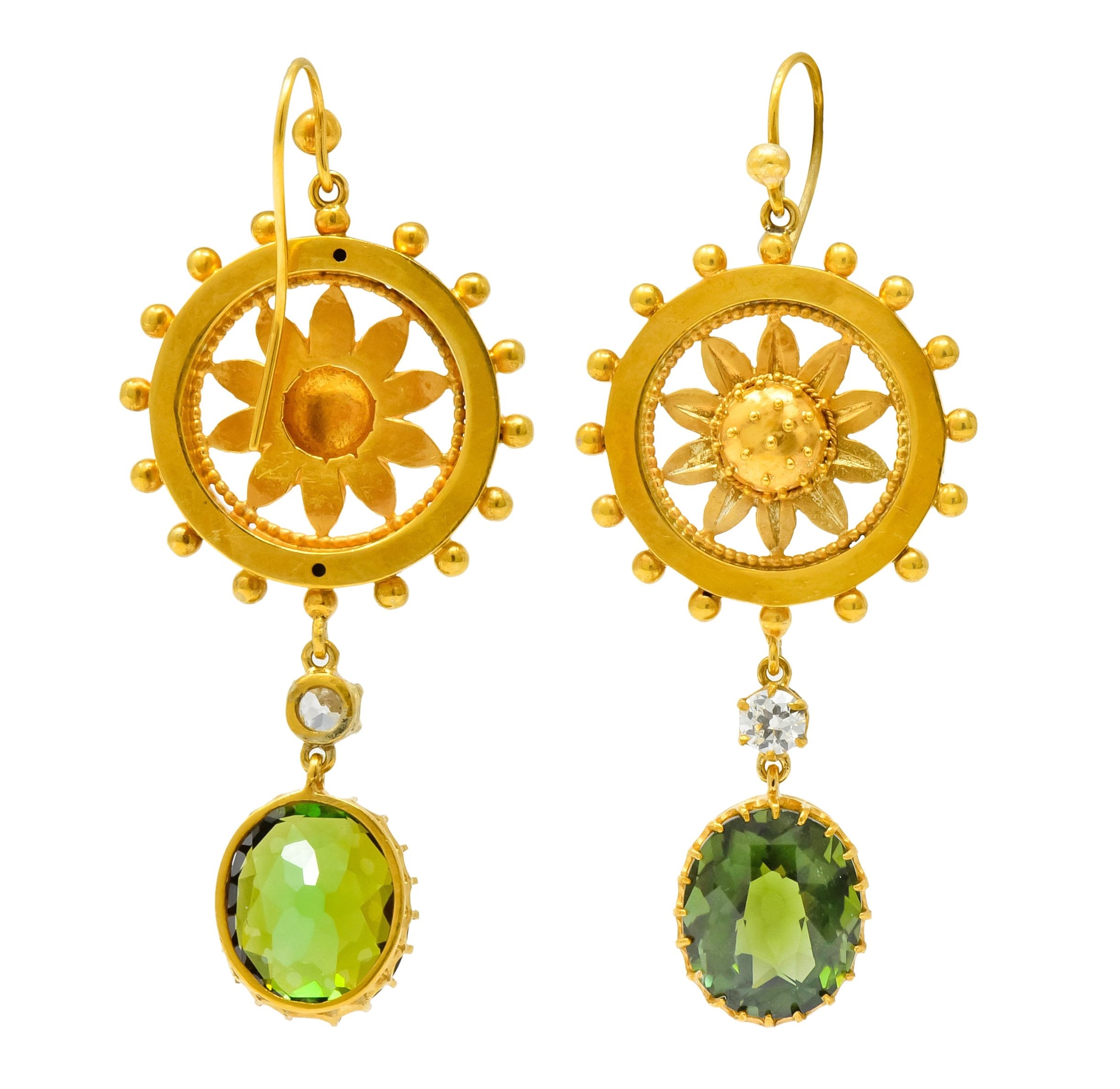 Victorian 10.36 CTW Tourmaline Diamond 14 Karat Gold Floral Drop Earrings - Wilson's Estate Jewelry