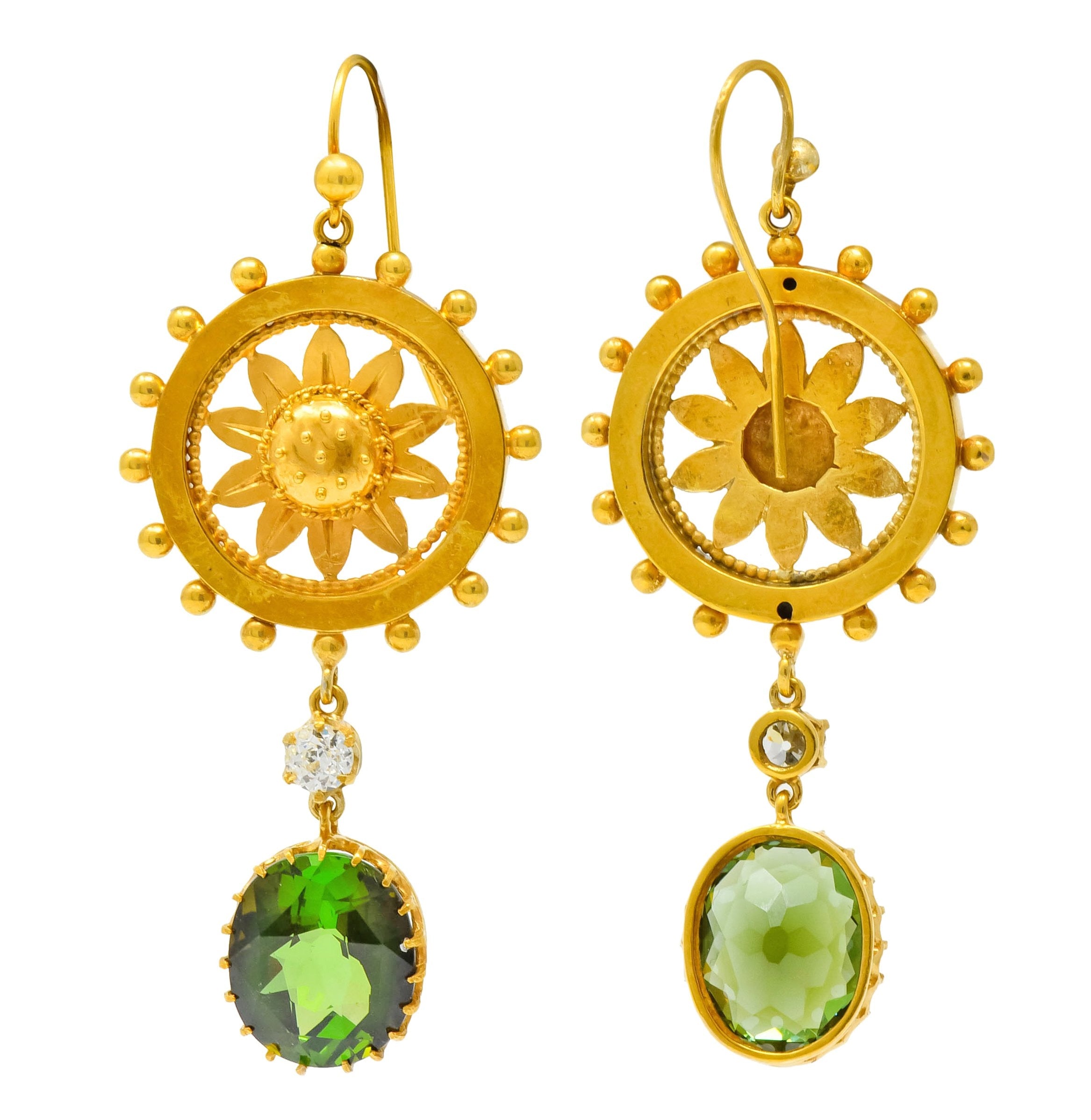 Victorian 10.36 CTW Tourmaline Diamond 14 Karat Gold Floral Drop Earrings - Wilson's Estate Jewelry