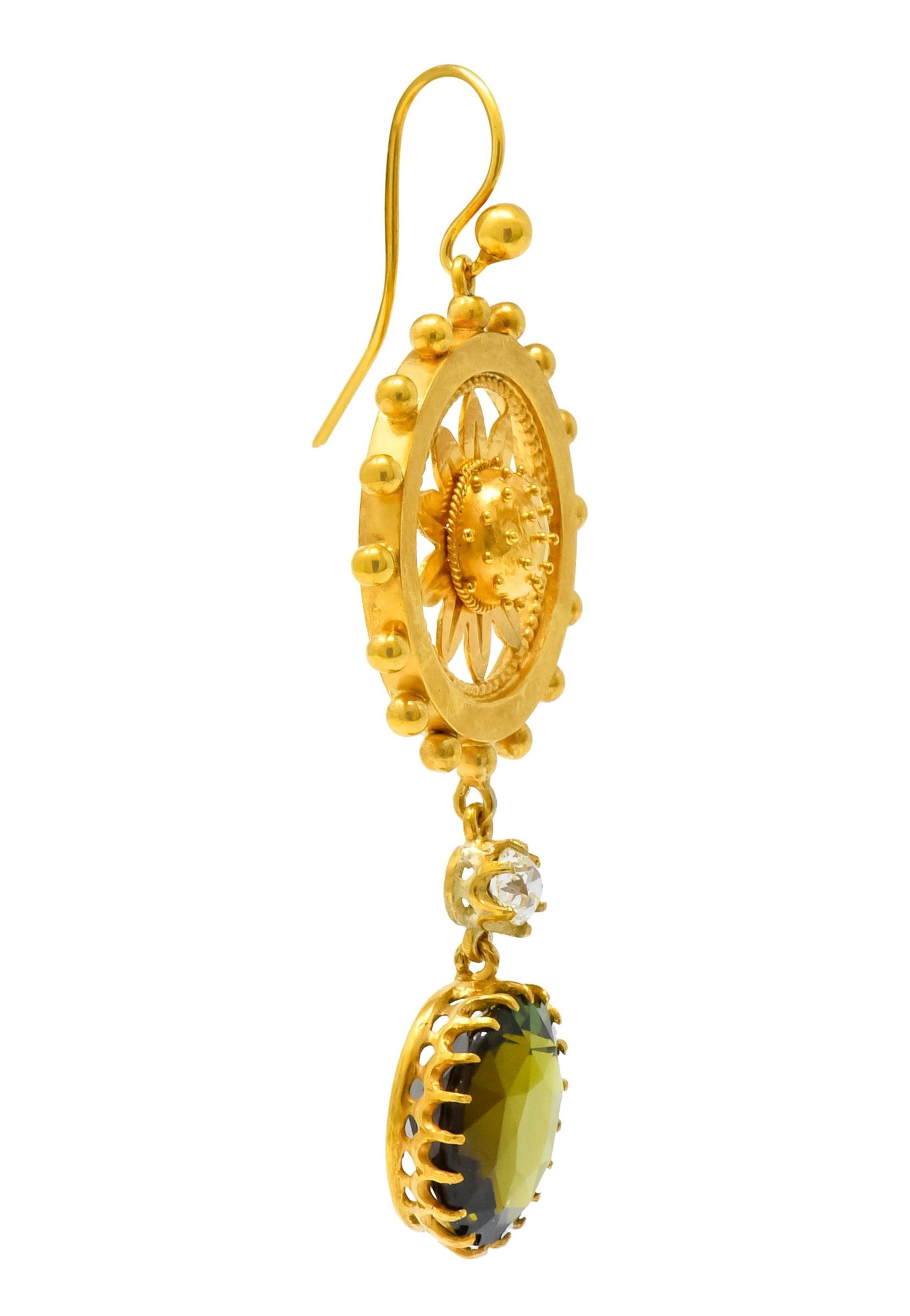 Victorian 10.36 CTW Tourmaline Diamond 14 Karat Gold Floral Drop Earrings - Wilson's Estate Jewelry