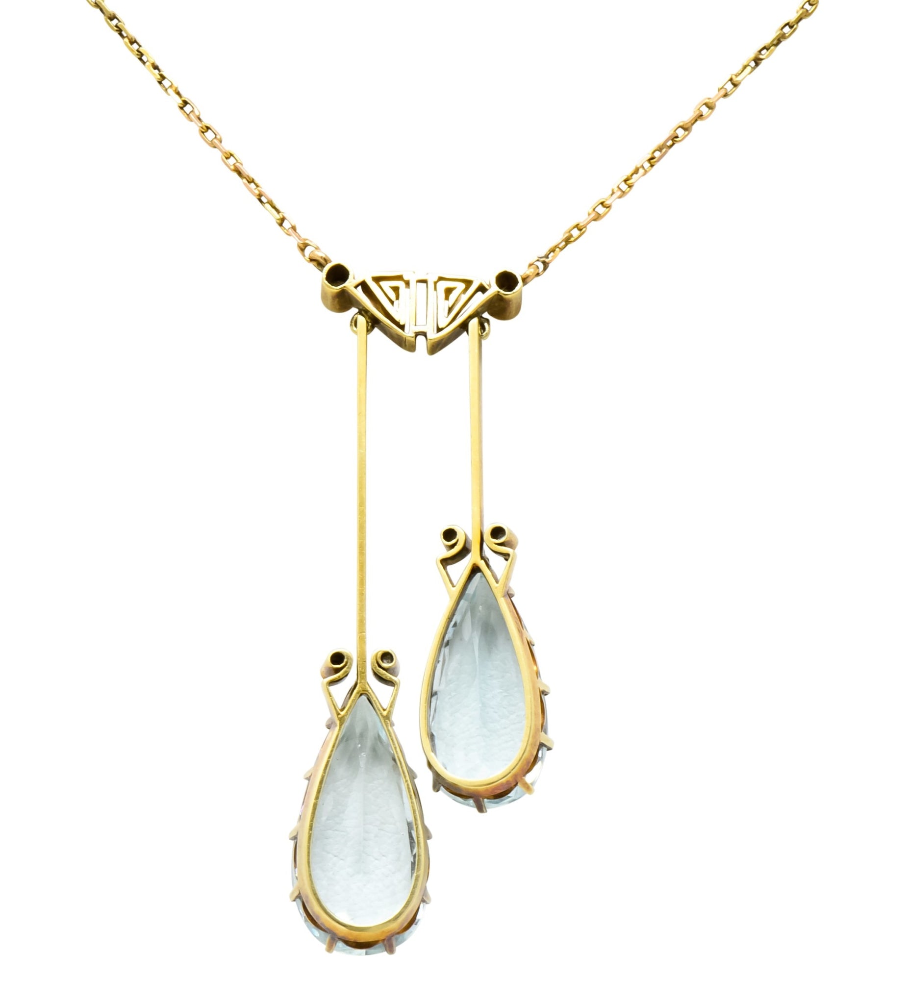 Victorian 12.22 CTW Aquamarine Diamond 14 Karat Gold Double Drop Necklace - Wilson's Estate Jewelry