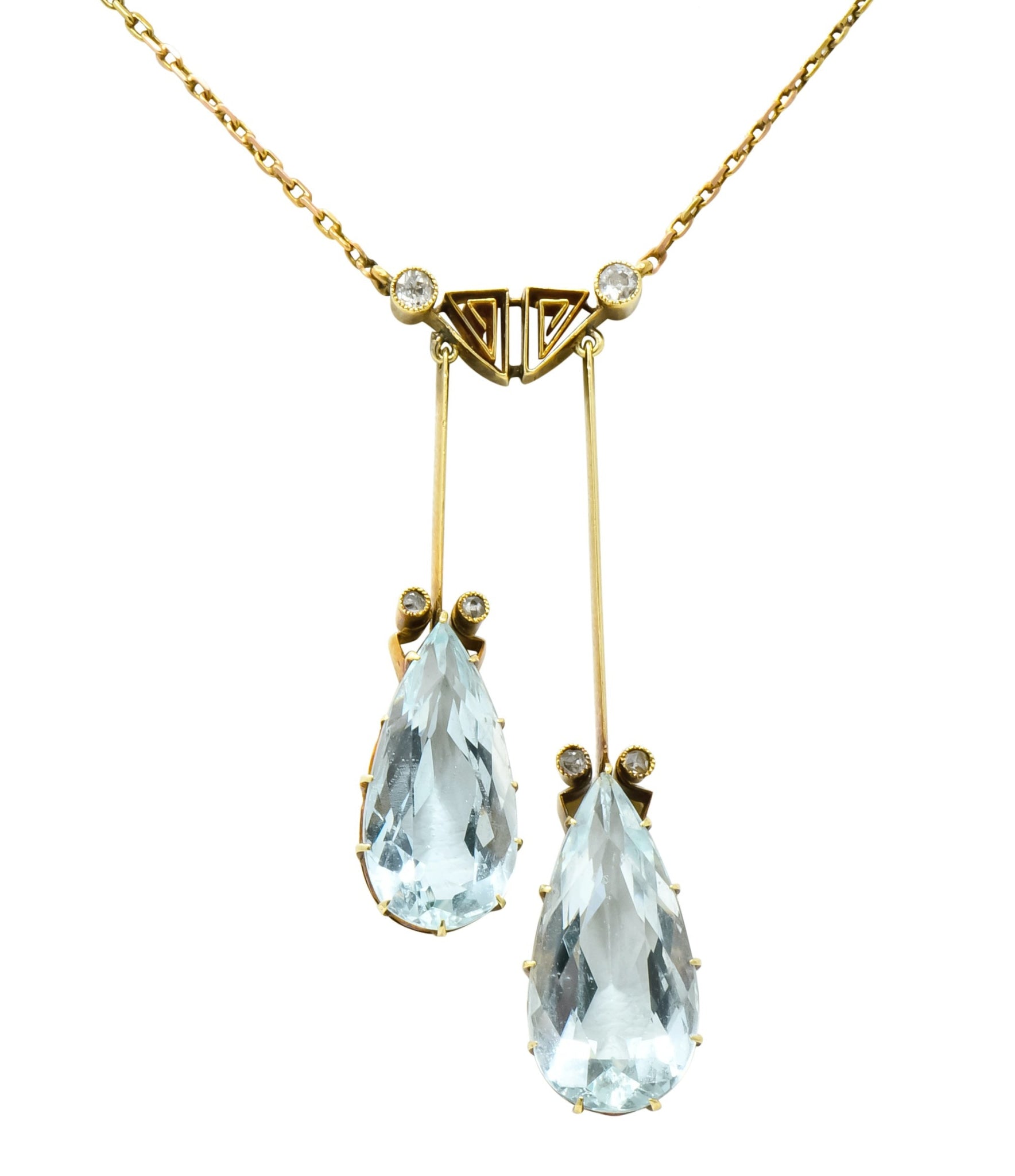 Victorian 12.22 CTW Aquamarine Diamond 14 Karat Gold Double Drop Necklace - Wilson's Estate Jewelry