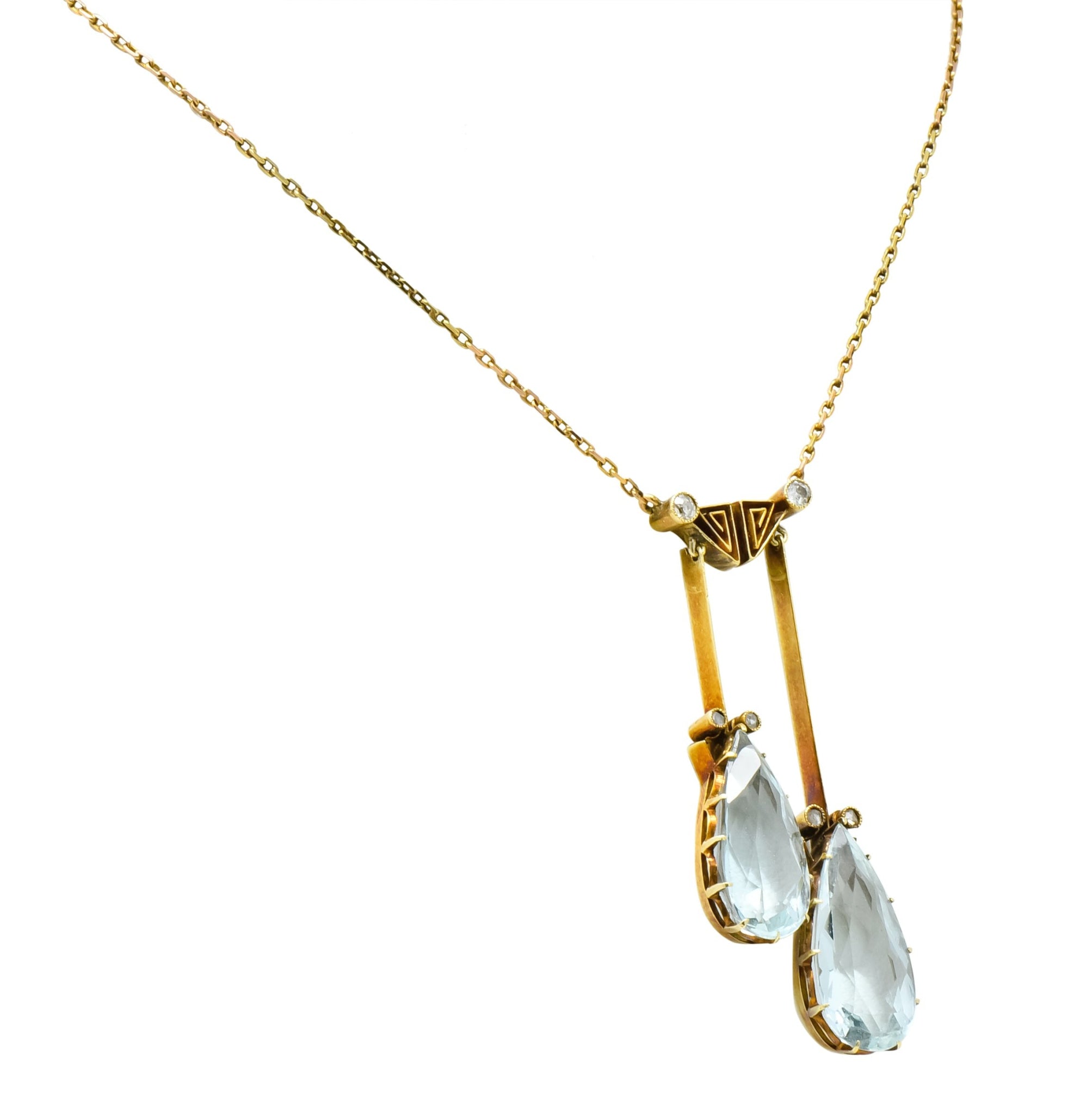 Victorian 12.22 CTW Aquamarine Diamond 14 Karat Gold Double Drop Necklace - Wilson's Estate Jewelry