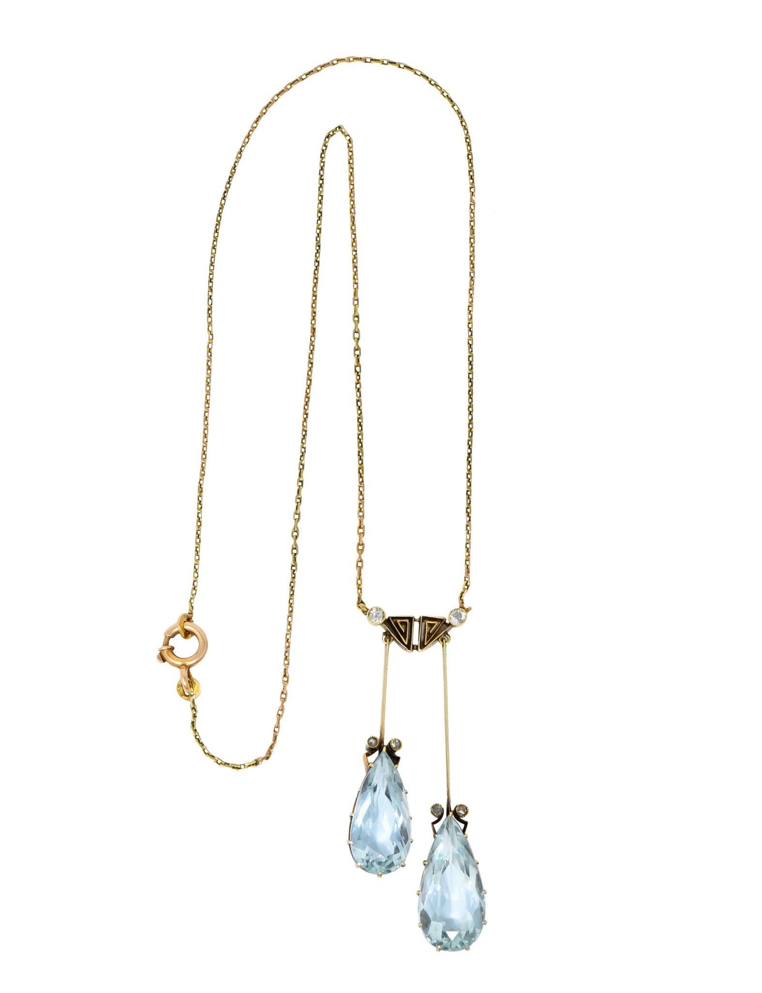 Victorian 12.22 CTW Aquamarine Diamond 14 Karat Gold Double Drop Necklace - Wilson's Estate Jewelry