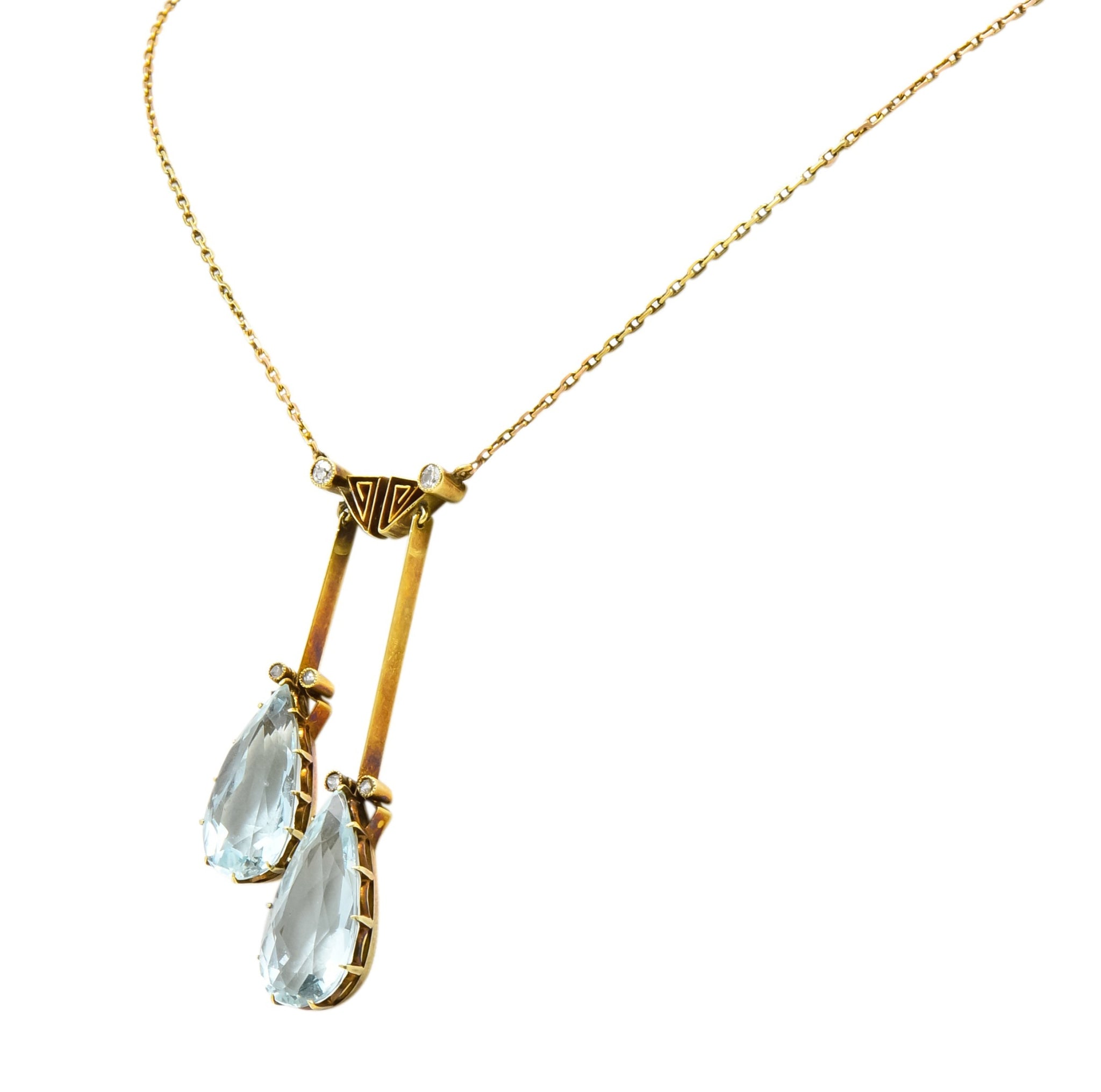 Victorian 12.22 CTW Aquamarine Diamond 14 Karat Gold Double Drop Necklace - Wilson's Estate Jewelry