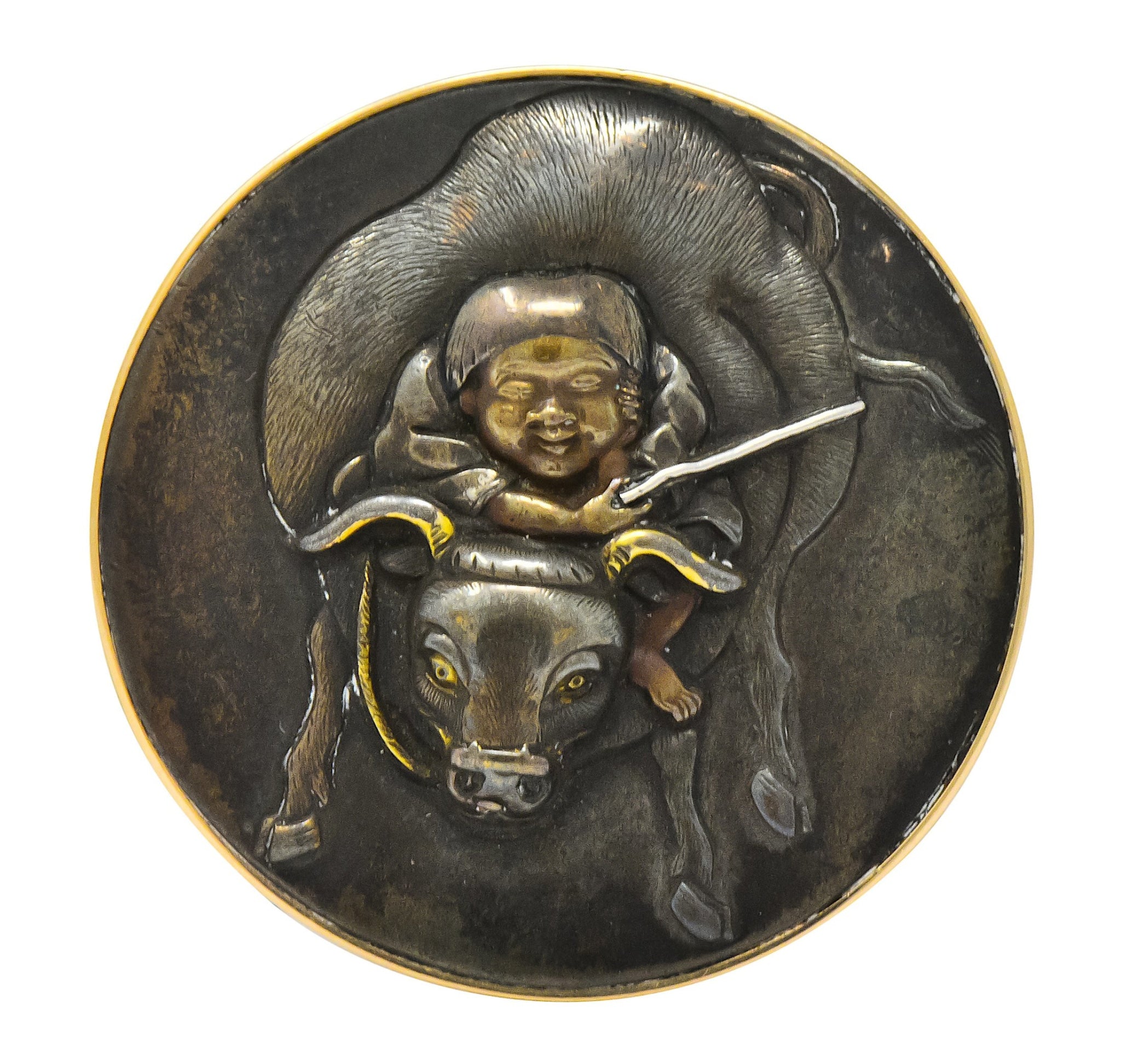 Victorian 14 Karat Rose Gold Mixed Metal Lao Tzu Boy & Ox Shakudo Ring - Wilson's Estate Jewelry