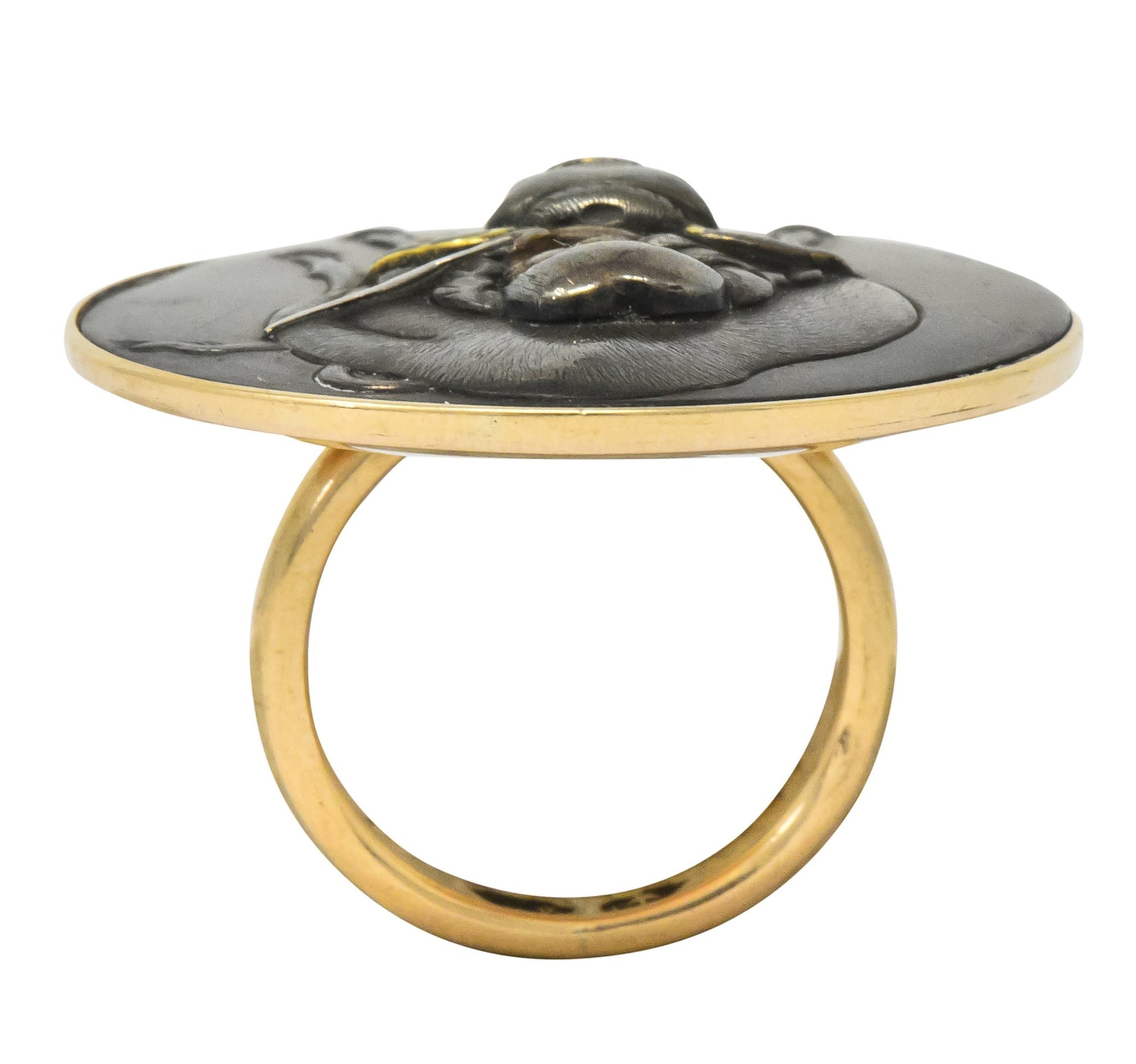 Victorian 14 Karat Rose Gold Mixed Metal Lao Tzu Boy & Ox Shakudo Ring - Wilson's Estate Jewelry