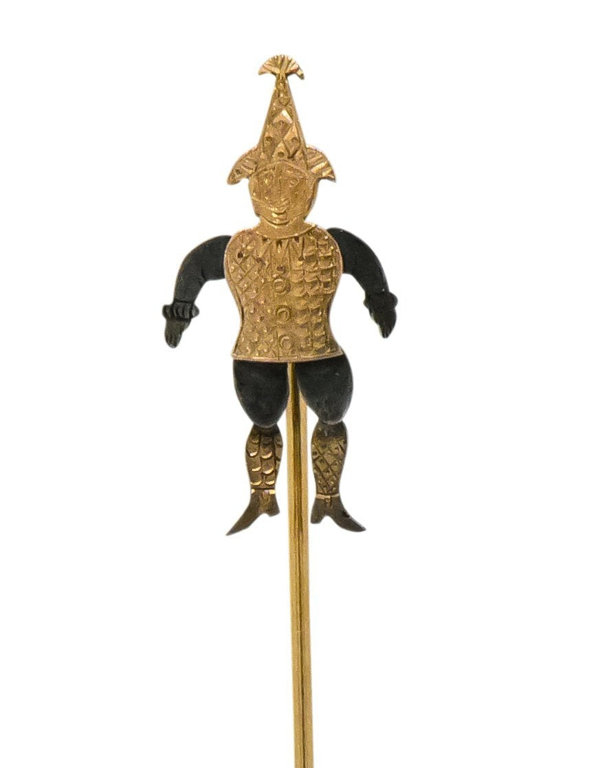 Victorian 14 Karat Rose Gold Silver Articulated Jester Stickpin - Wilson's Estate Jewelry