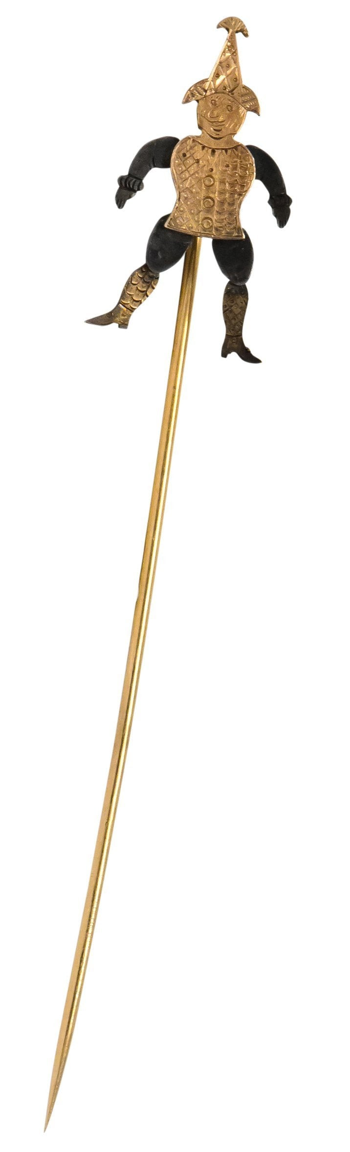 Victorian 14 Karat Rose Gold Silver Articulated Jester Stickpin - Wilson's Estate Jewelry