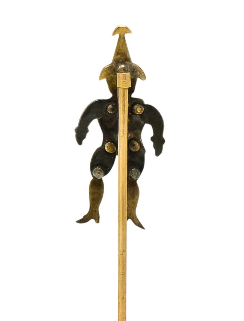 Victorian 14 Karat Rose Gold Silver Articulated Jester Stickpin - Wilson's Estate Jewelry