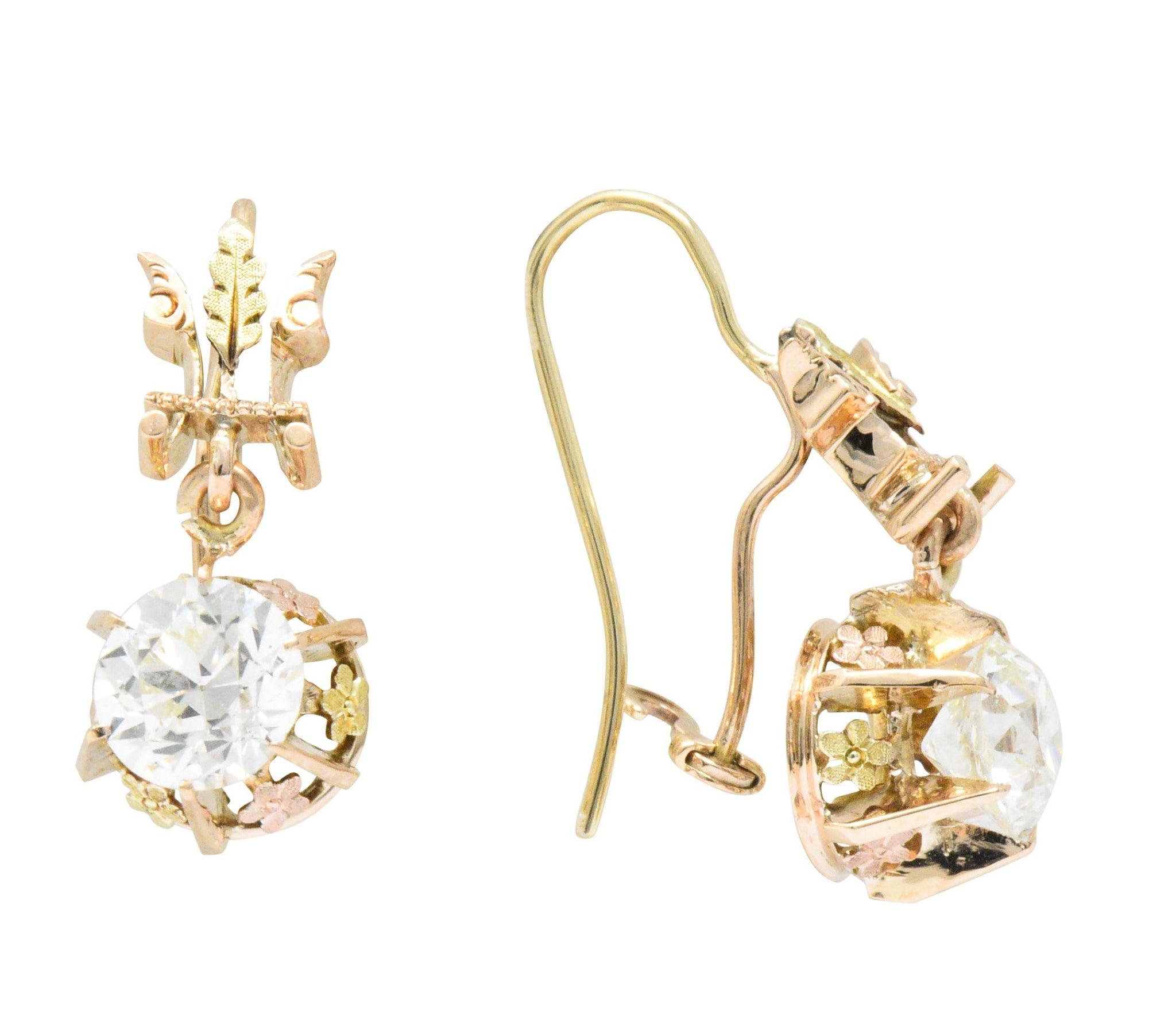 Victorian 2.10 CTW Diamond 14 Karat Two-Tone Gold Drop Earrings Wilson's Estate Jewelry