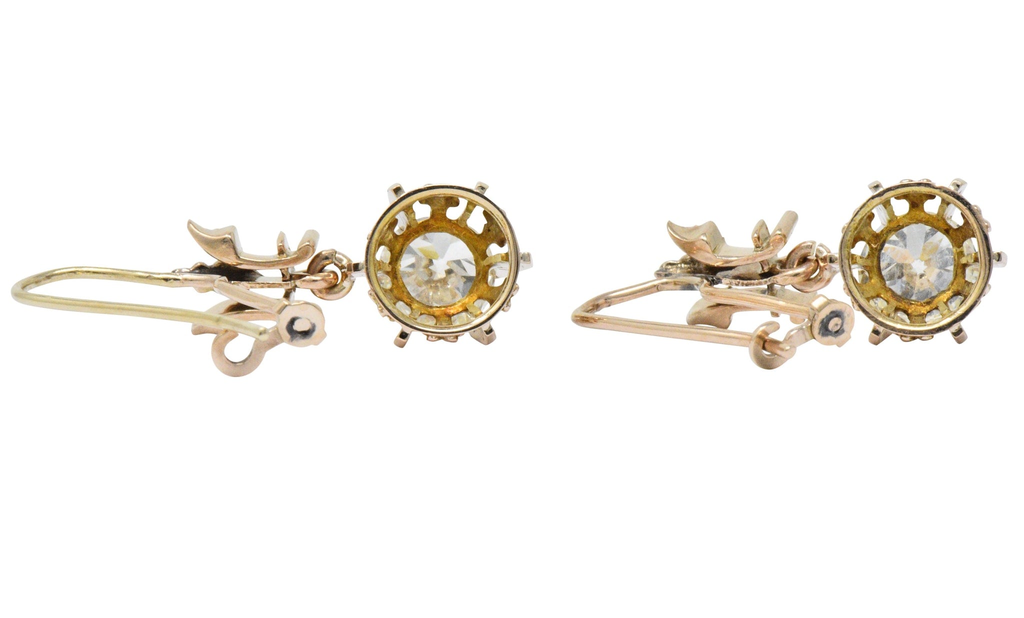 Victorian 2.10 CTW Diamond 14 Karat Two-Tone Gold Drop Earrings Wilson's Estate Jewelry