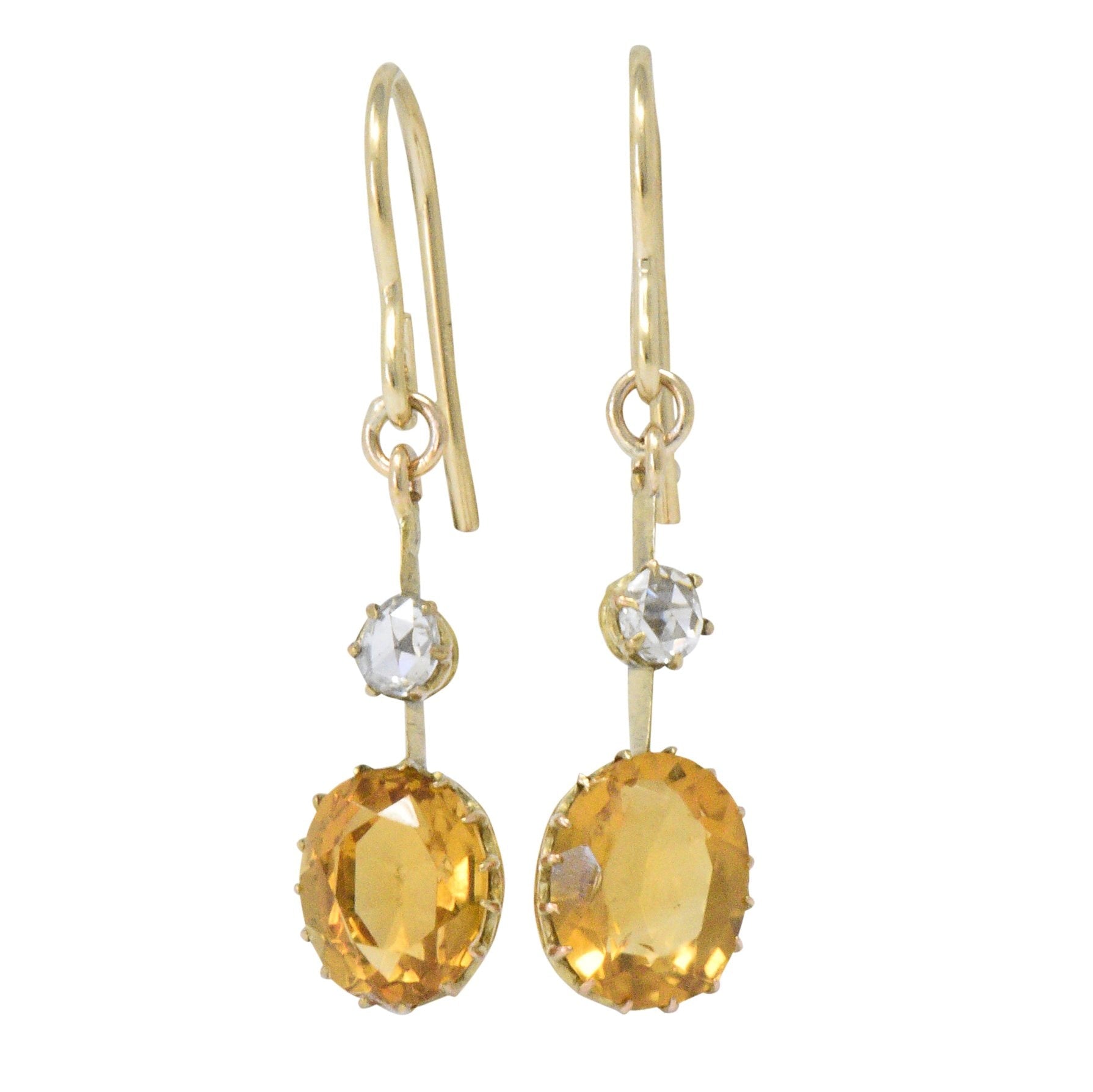 Victorian 2.45 CTW Citrine Diamond 14 Karat Gold Drop Earrings Wilson's Estate Jewelry