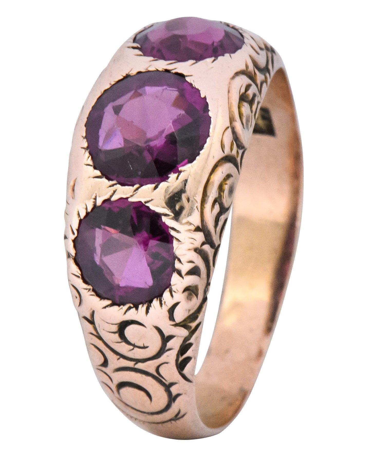 Victorian 3.10 CTW Almandine Garnet 10 Karat Rose Gold Three Stone Band Ring - Wilson's Estate Jewelry