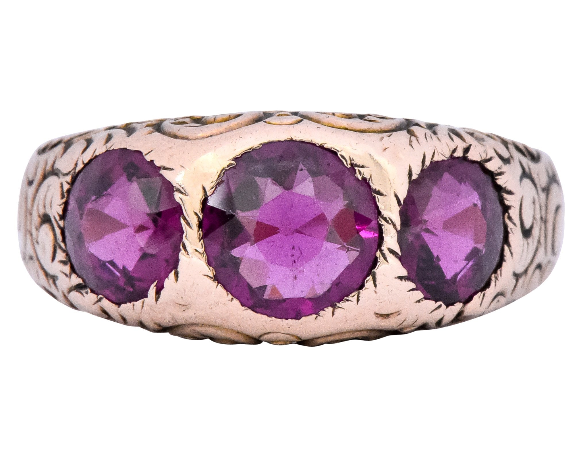 Victorian 3.10 CTW Almandine Garnet 10 Karat Rose Gold Three Stone Band Ring - Wilson's Estate Jewelry