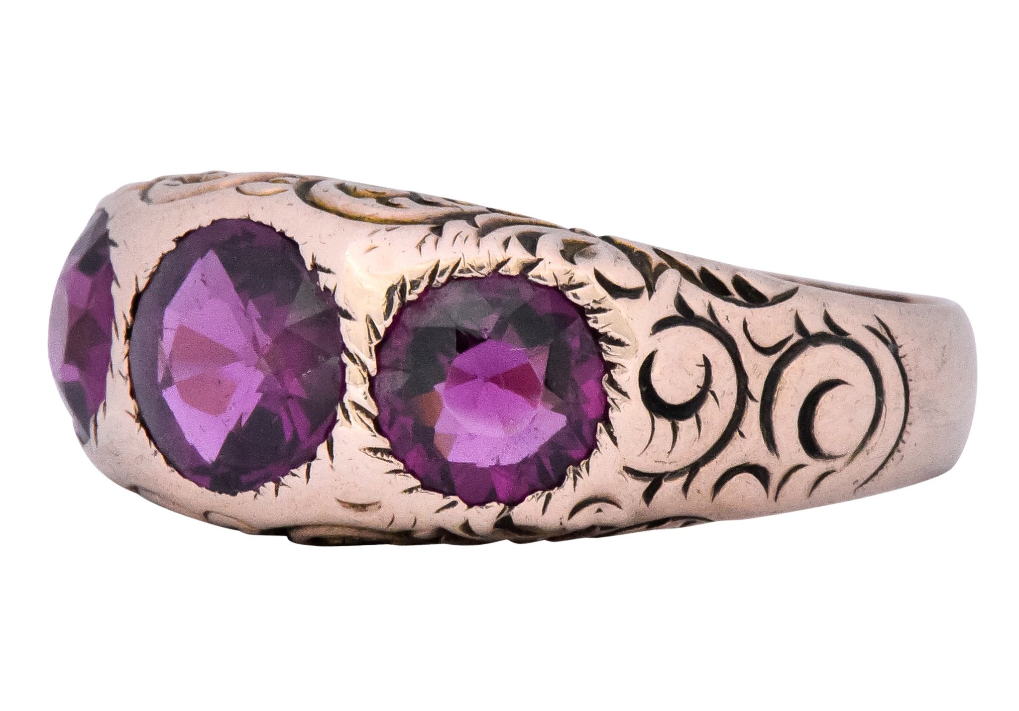 Victorian 3.10 CTW Almandine Garnet 10 Karat Rose Gold Three Stone Band Ring - Wilson's Estate Jewelry