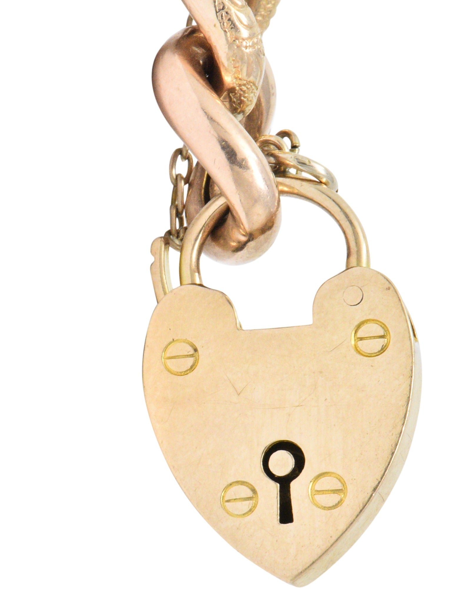Victorian 9 Karat Rose Gold Heart Padlock Curb Link Bracelet Wilson's Estate Jewelry