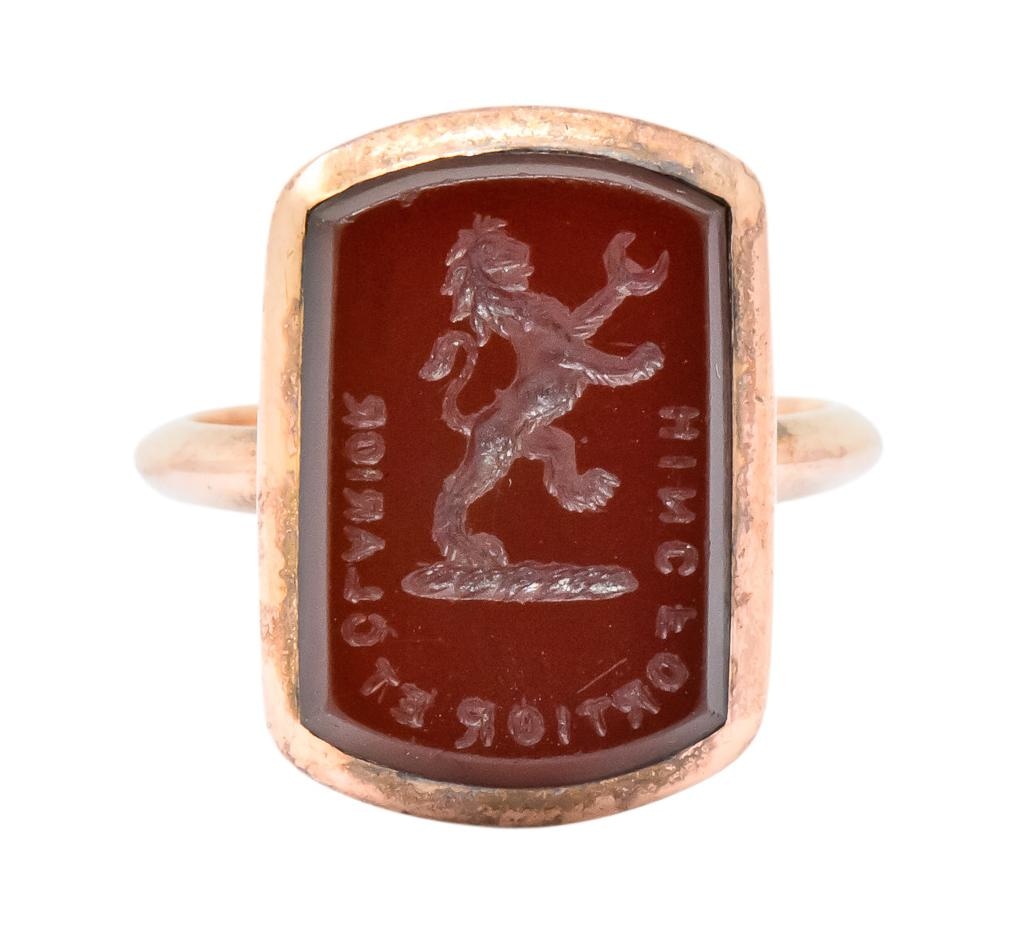 Victorian Carnelian Intaglio 14 Karat Rose Gold Martin Heraldry Ring - Wilson's Estate Jewelry