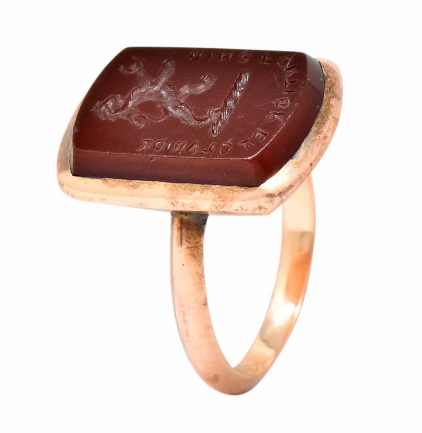 Victorian Carnelian Intaglio 14 Karat Rose Gold Martin Heraldry Ring - Wilson's Estate Jewelry