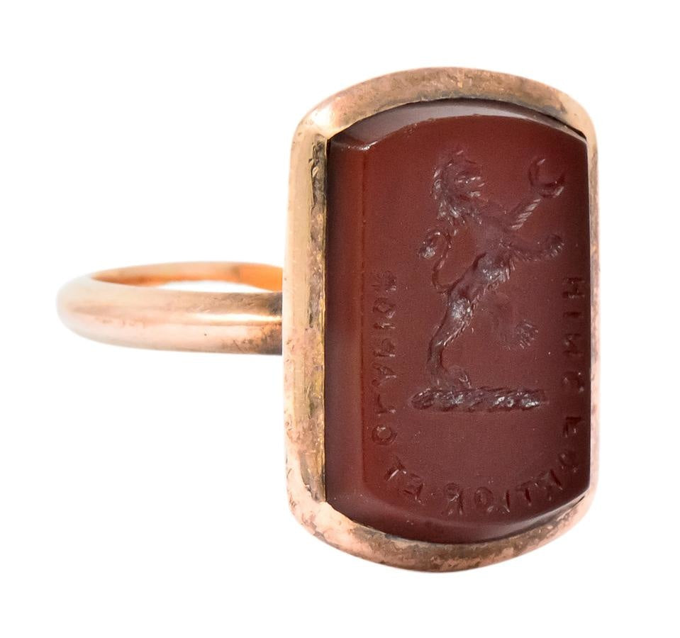 Victorian Carnelian Intaglio 14 Karat Rose Gold Martin Heraldry Ring - Wilson's Estate Jewelry