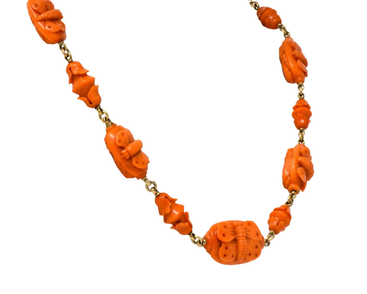 Victorian Carved Butterfly & Scarab Coral 14 Karat Gold Necklace - Wilson's Estate Jewelry