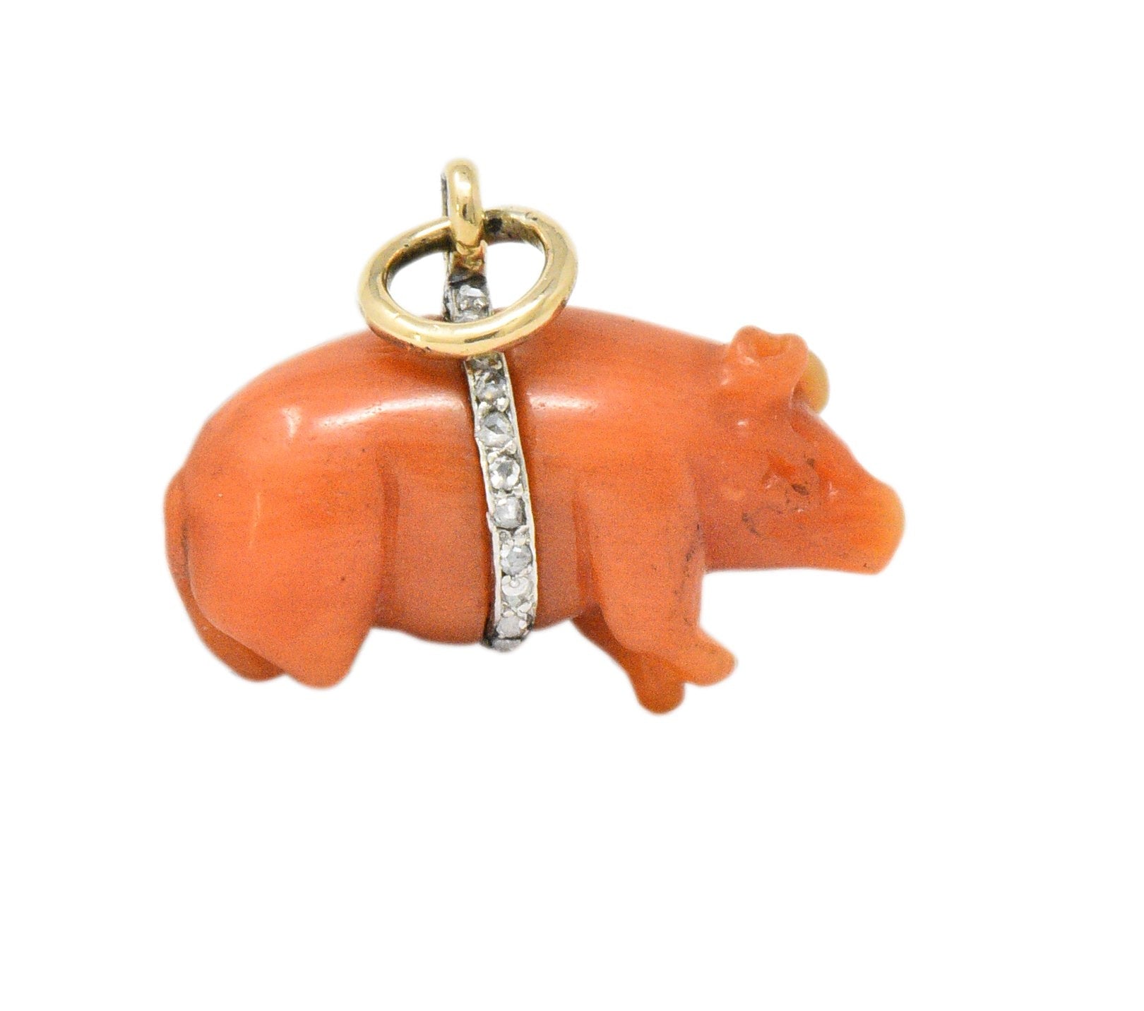 Victorian Coral Diamond 18 Karat Gold Pig Charm Wilson's Estate Jewelry