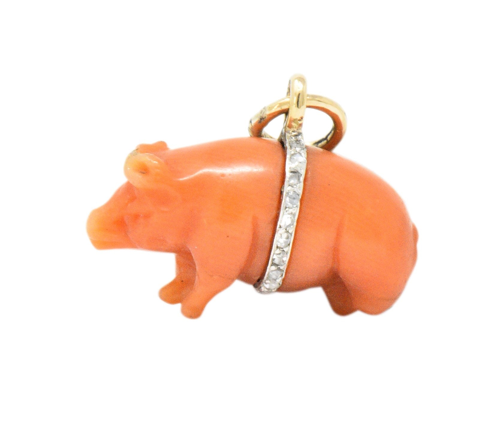 Victorian Coral Diamond 18 Karat Gold Pig Charm Wilson's Estate Jewelry