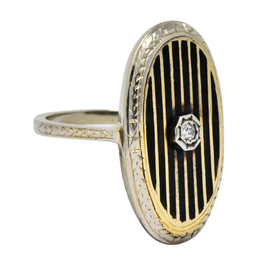 Victorian Diamond 14 Karat White Gold Enamel Striped Mourning Ring - Wilson's Estate Jewelry