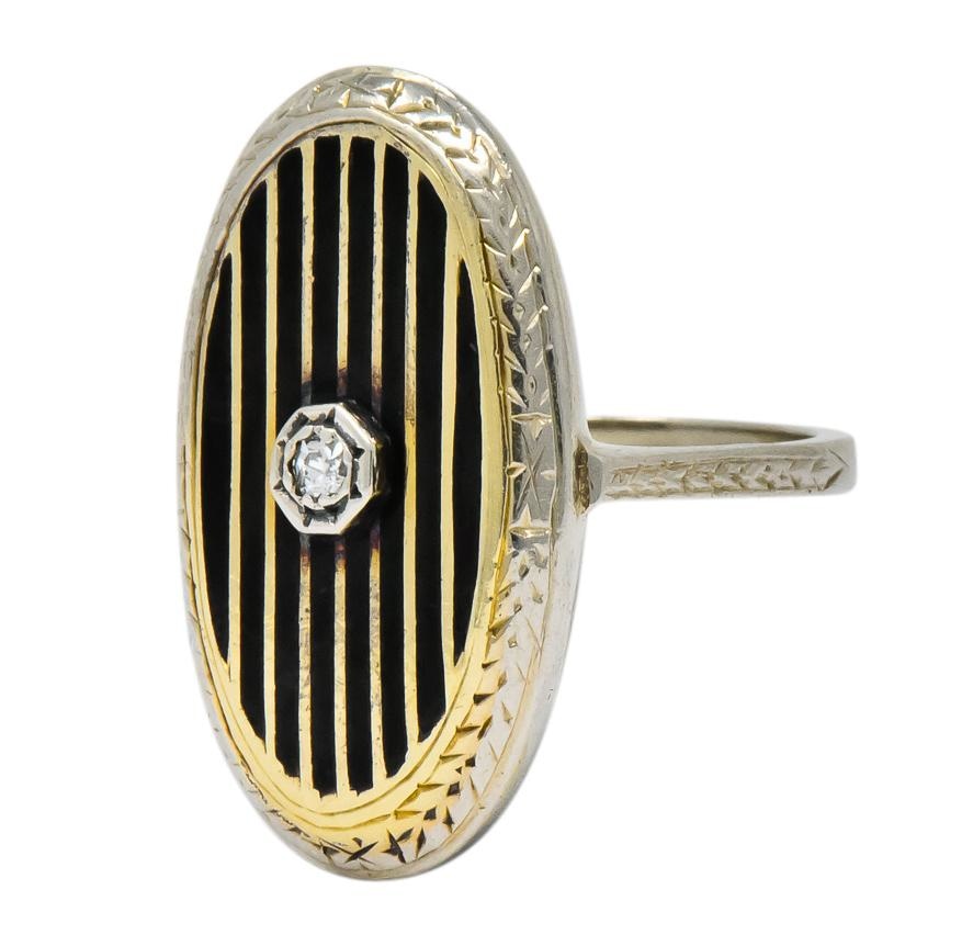 Victorian Diamond 14 Karat White Gold Enamel Striped Mourning Ring - Wilson's Estate Jewelry