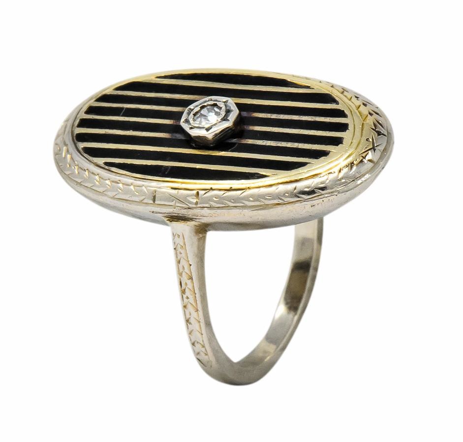 Victorian Diamond 14 Karat White Gold Enamel Striped Mourning Ring - Wilson's Estate Jewelry
