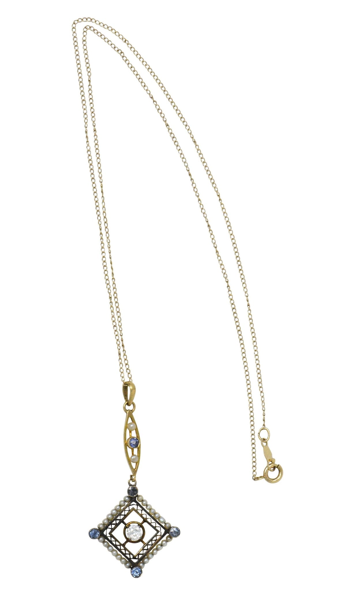 Victorian Diamond Sapphire Seed Pearl 14 Karat Gold Pendant Necklace Wilson's Estate Jewelry