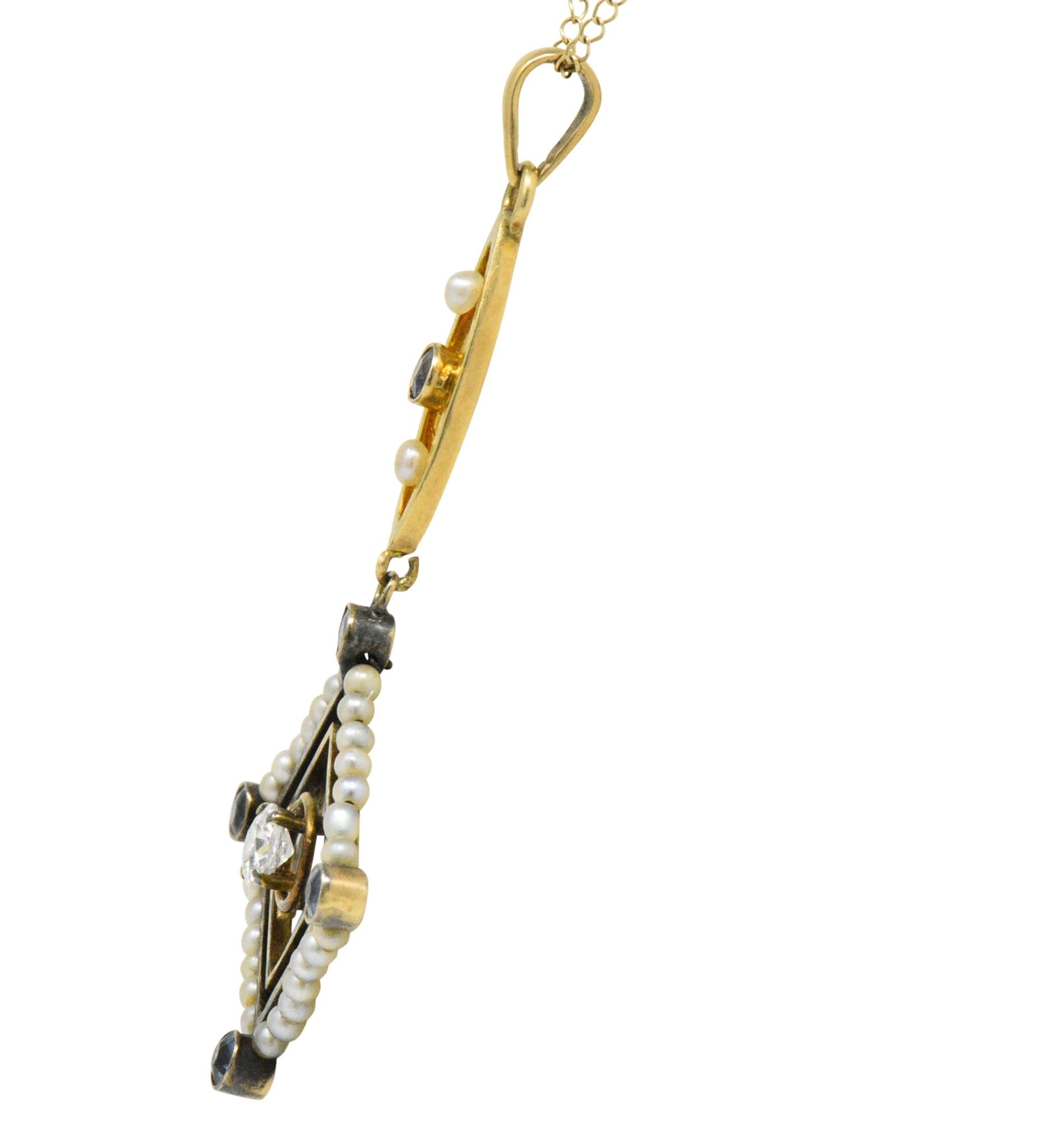 Victorian Diamond Sapphire Seed Pearl 14 Karat Gold Pendant Necklace Wilson's Estate Jewelry