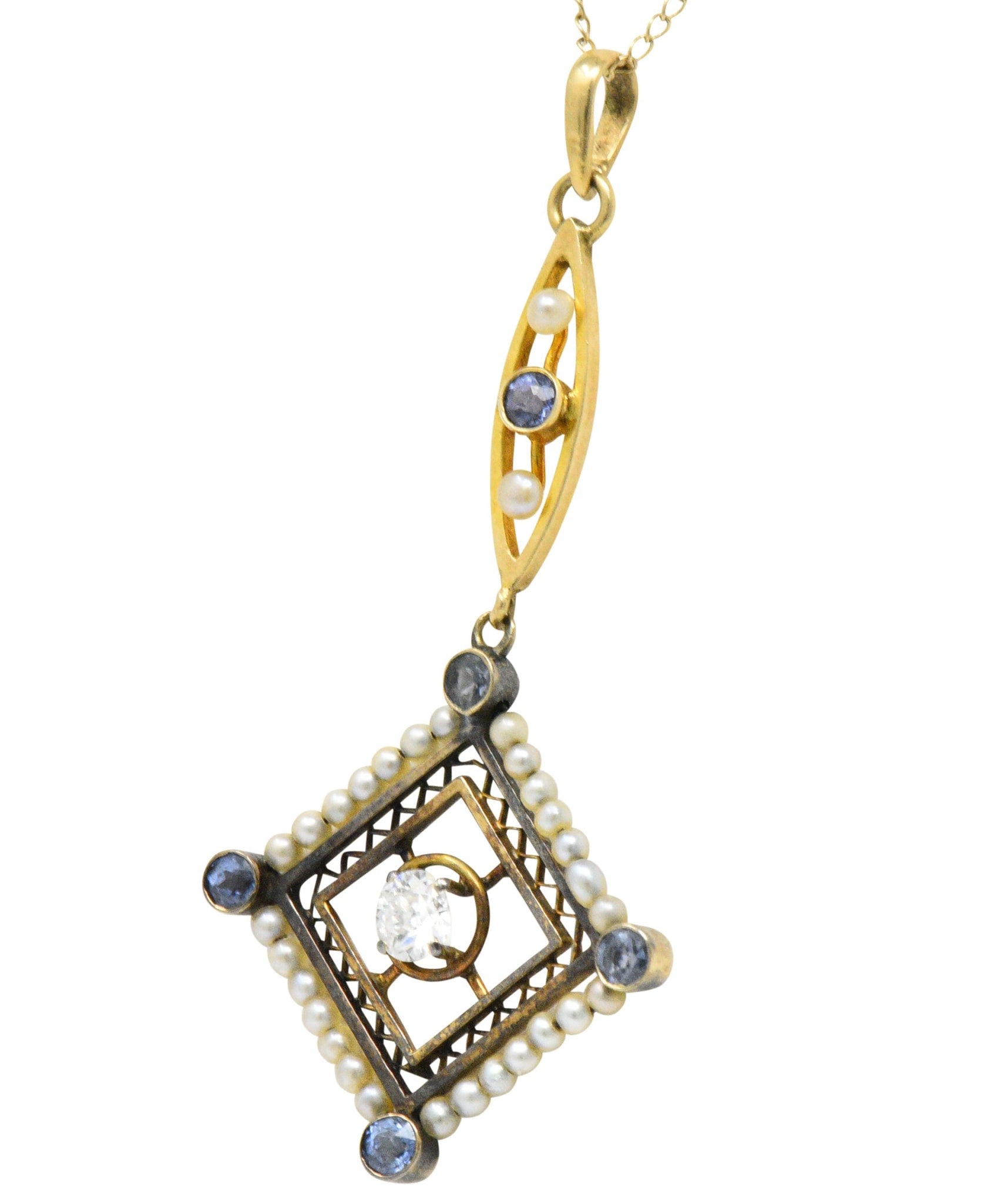 Victorian Diamond Sapphire Seed Pearl 14 Karat Gold Pendant Necklace Wilson's Estate Jewelry