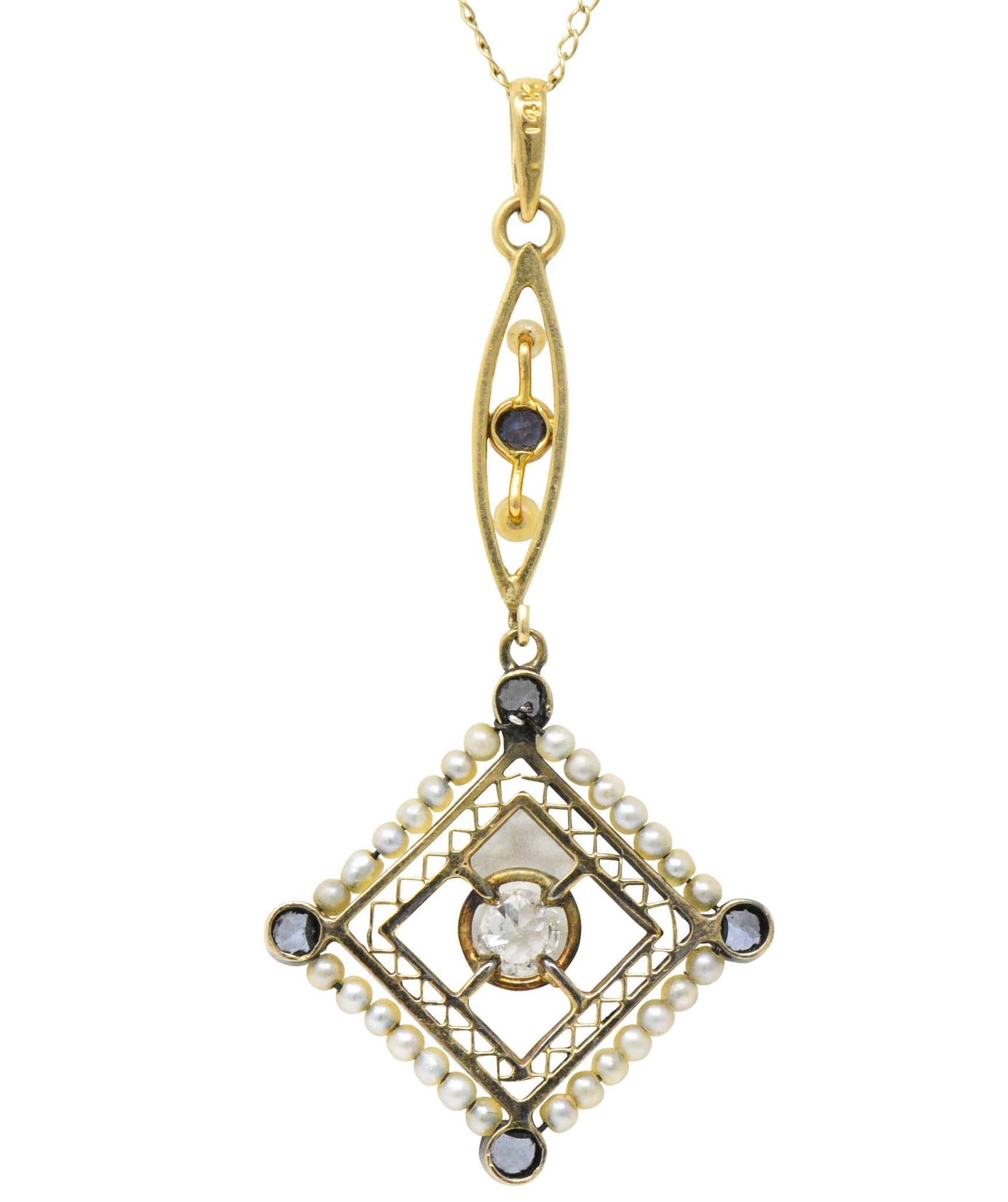 Victorian Diamond Sapphire Seed Pearl 14 Karat Gold Pendant Necklace Wilson's Estate Jewelry