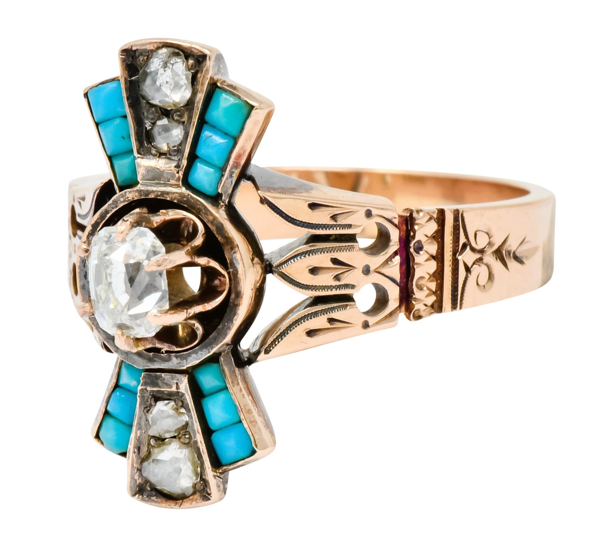 Victorian Diamond Turquoise 14 Karat Rose Gold Statement Ring - Wilson's Estate Jewelry