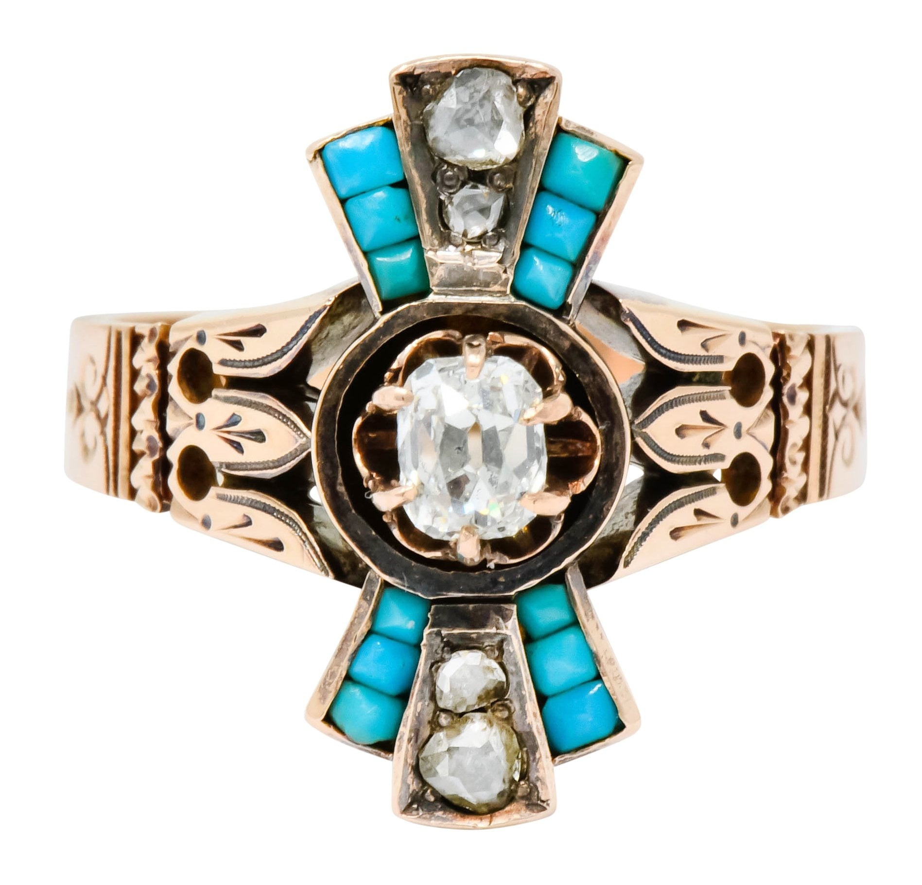 Victorian Diamond Turquoise 14 Karat Rose Gold Statement Ring - Wilson's Estate Jewelry