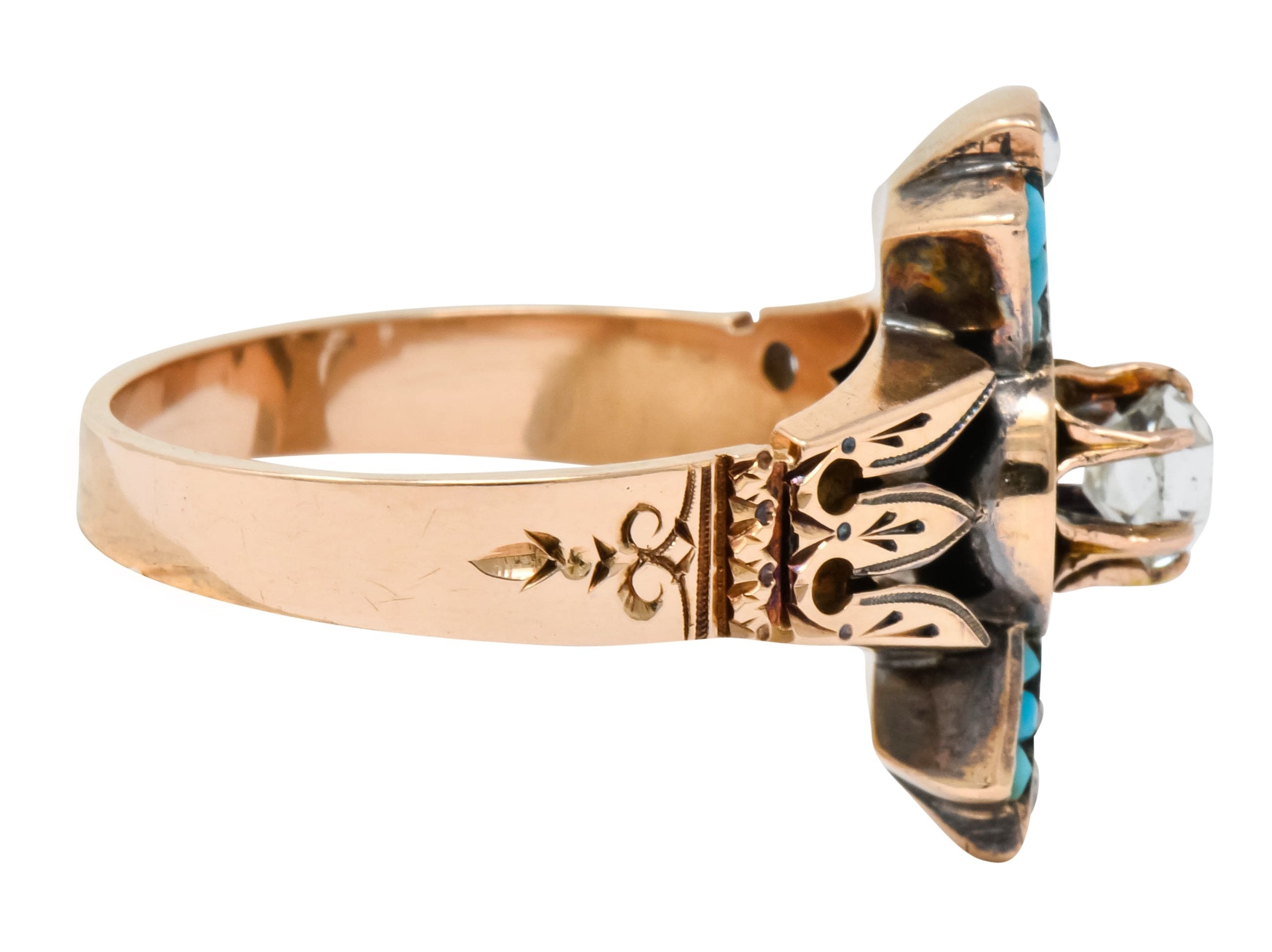 Victorian Diamond Turquoise 14 Karat Rose Gold Statement Ring - Wilson's Estate Jewelry