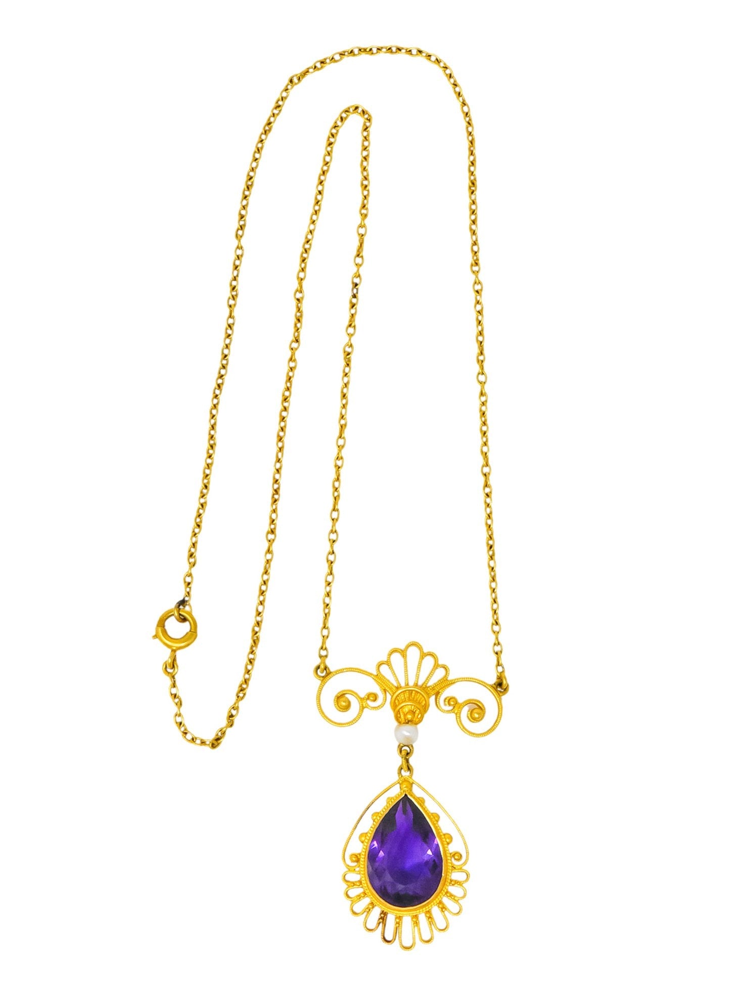 Victorian Etruscan Revival 3.50 CTW Amethyst Pearl 14 Karat Gold Necklace - Wilson's Estate Jewelry