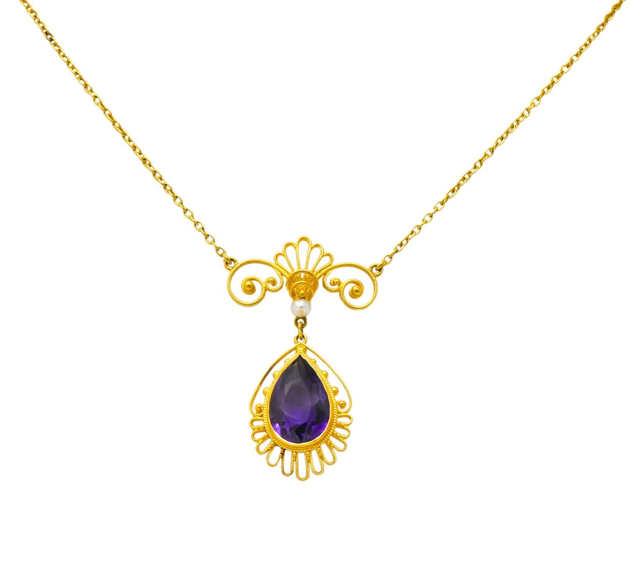Victorian Etruscan Revival 3.50 CTW Amethyst Pearl 14 Karat Gold Necklace - Wilson's Estate Jewelry