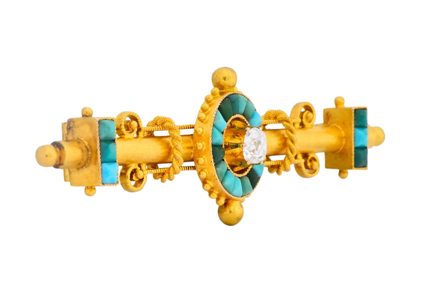 Victorian Etruscan Revival Diamond Turquoise 18 Karat Gold Brooch - Wilson's Estate Jewelry