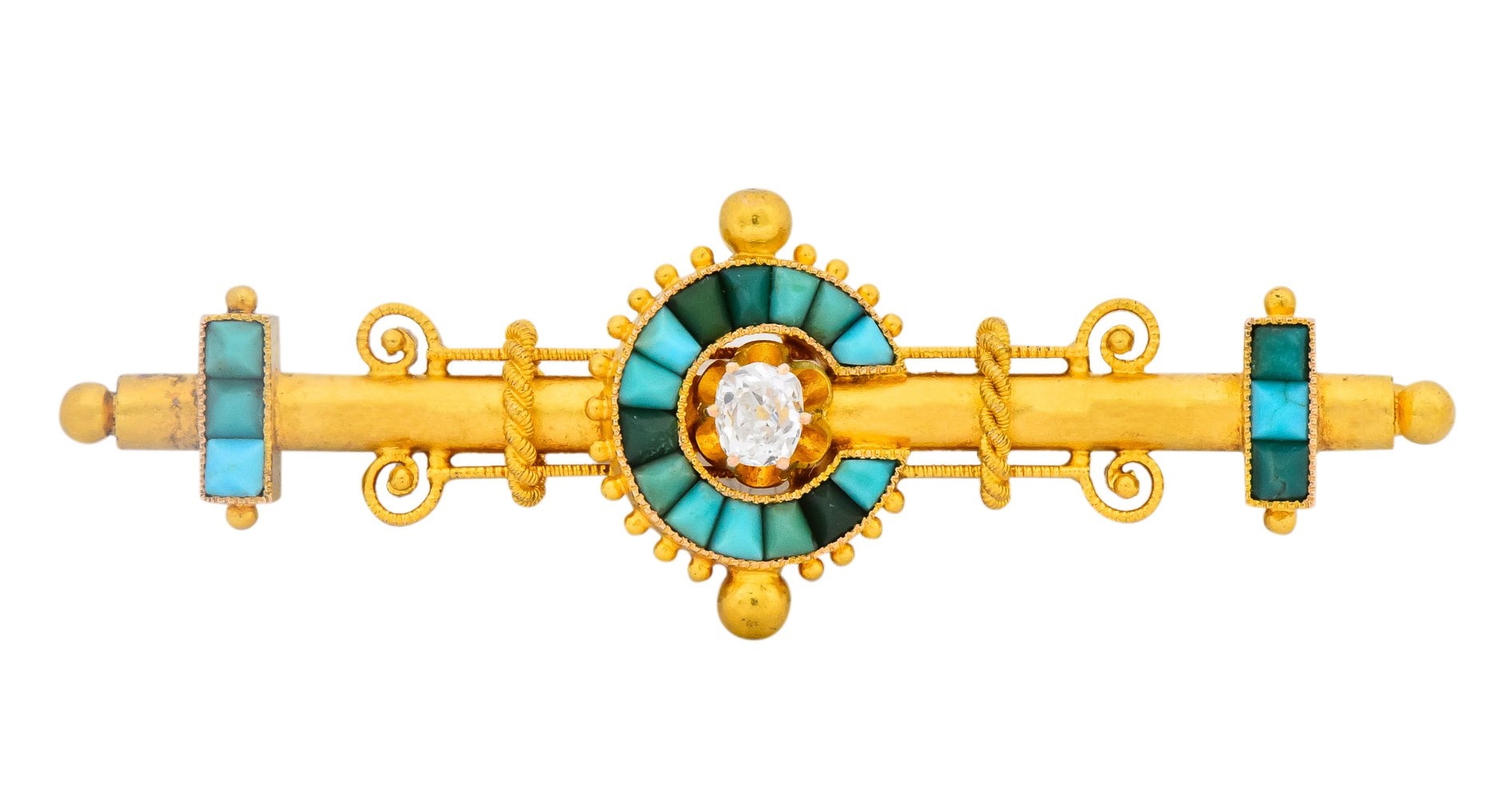 Victorian Etruscan Revival Diamond Turquoise 18 Karat Gold Brooch - Wilson's Estate Jewelry