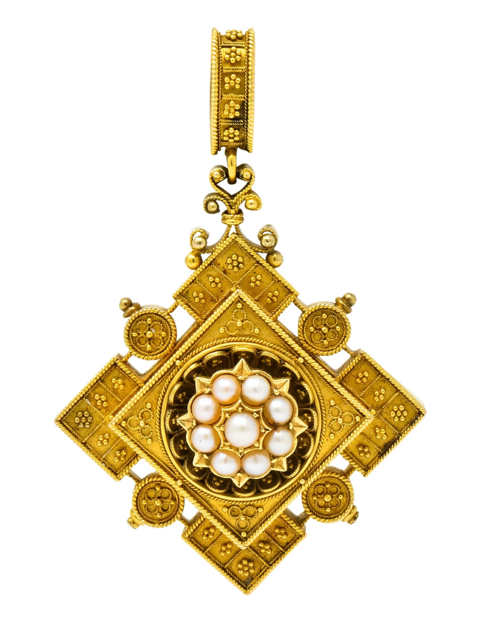 Victorian Etruscan Revival Natural Pearl 18 Karat Gold Pendant - Wilson's Estate Jewelry