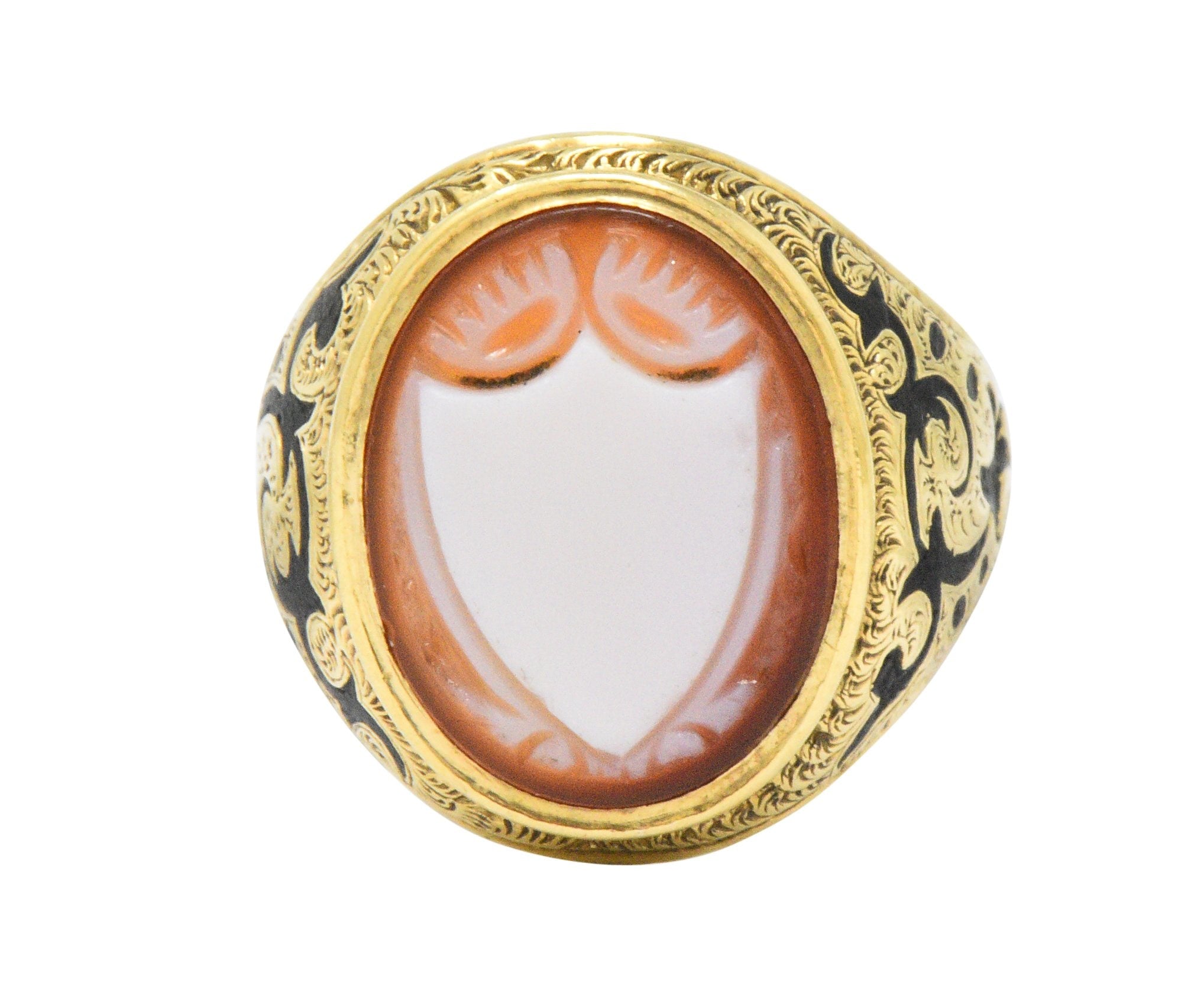 Victorian Carved Hardstone Enamel 14 Karat Gold Shield Unisex Signet Ring Wilson's Estate Jewelry