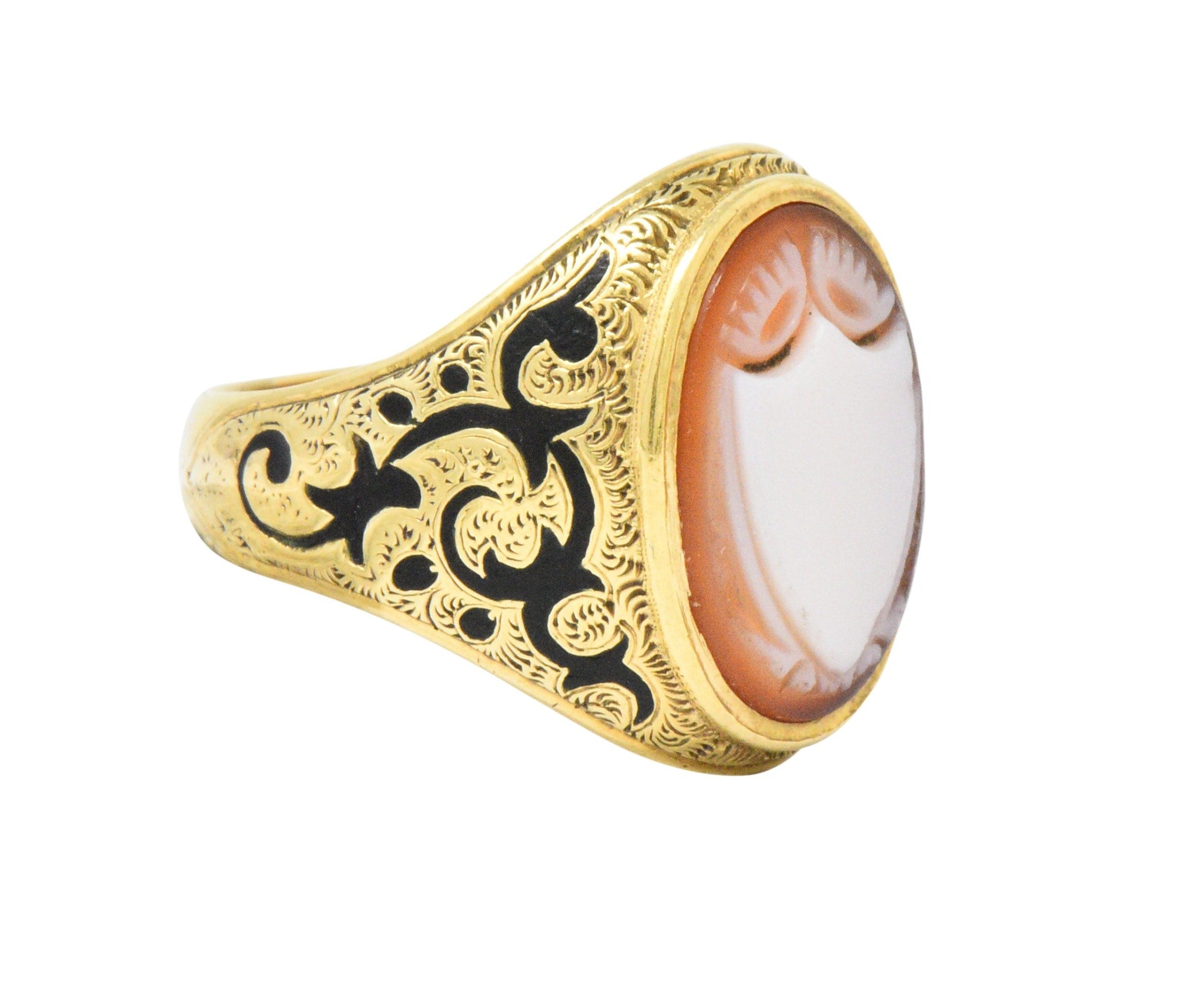 Victorian Carved Hardstone Enamel 14 Karat Gold Shield Unisex Signet Ring Wilson's Estate Jewelry
