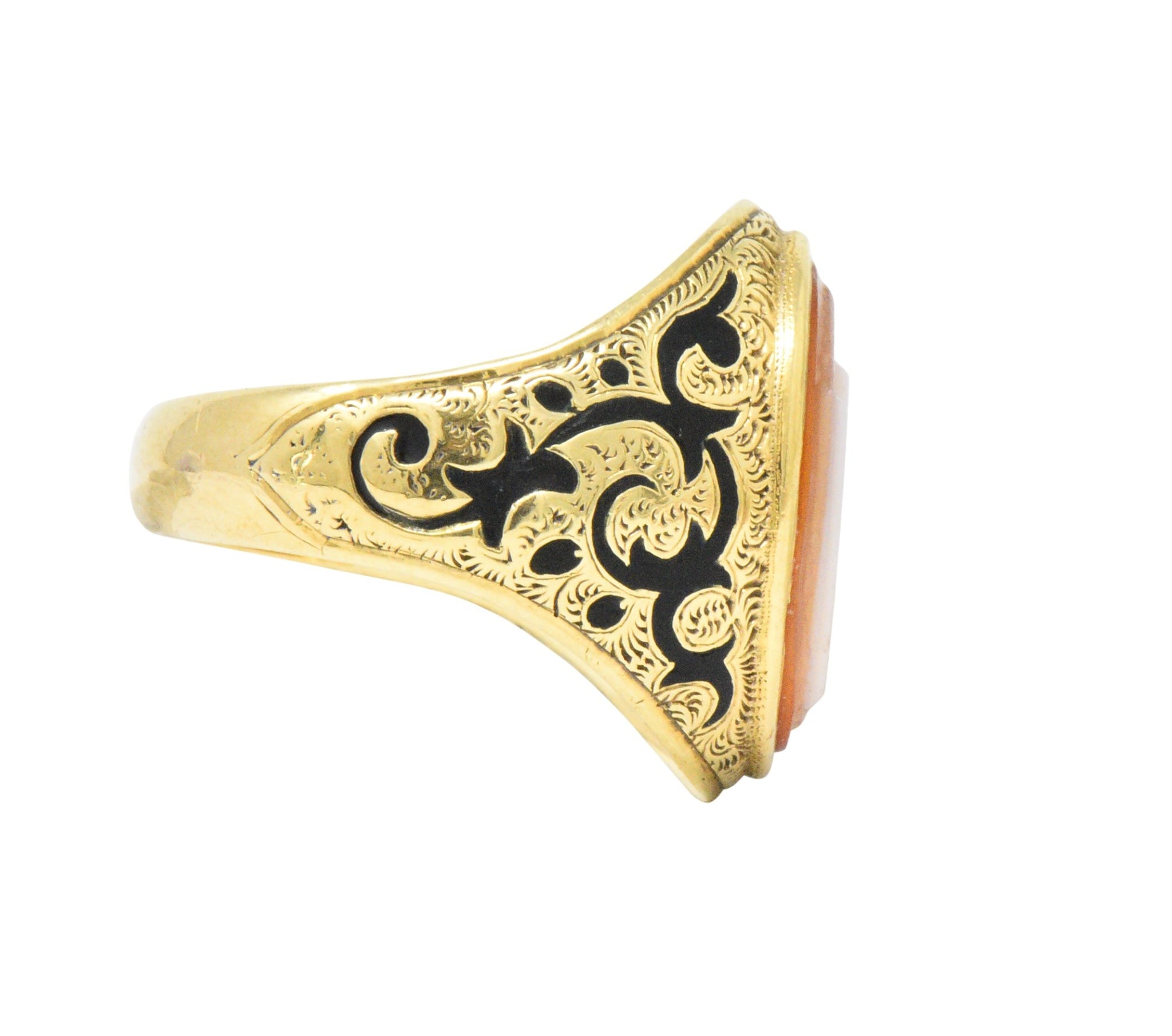 Victorian Carved Hardstone Enamel 14 Karat Gold Shield Unisex Signet Ring Wilson's Estate Jewelry