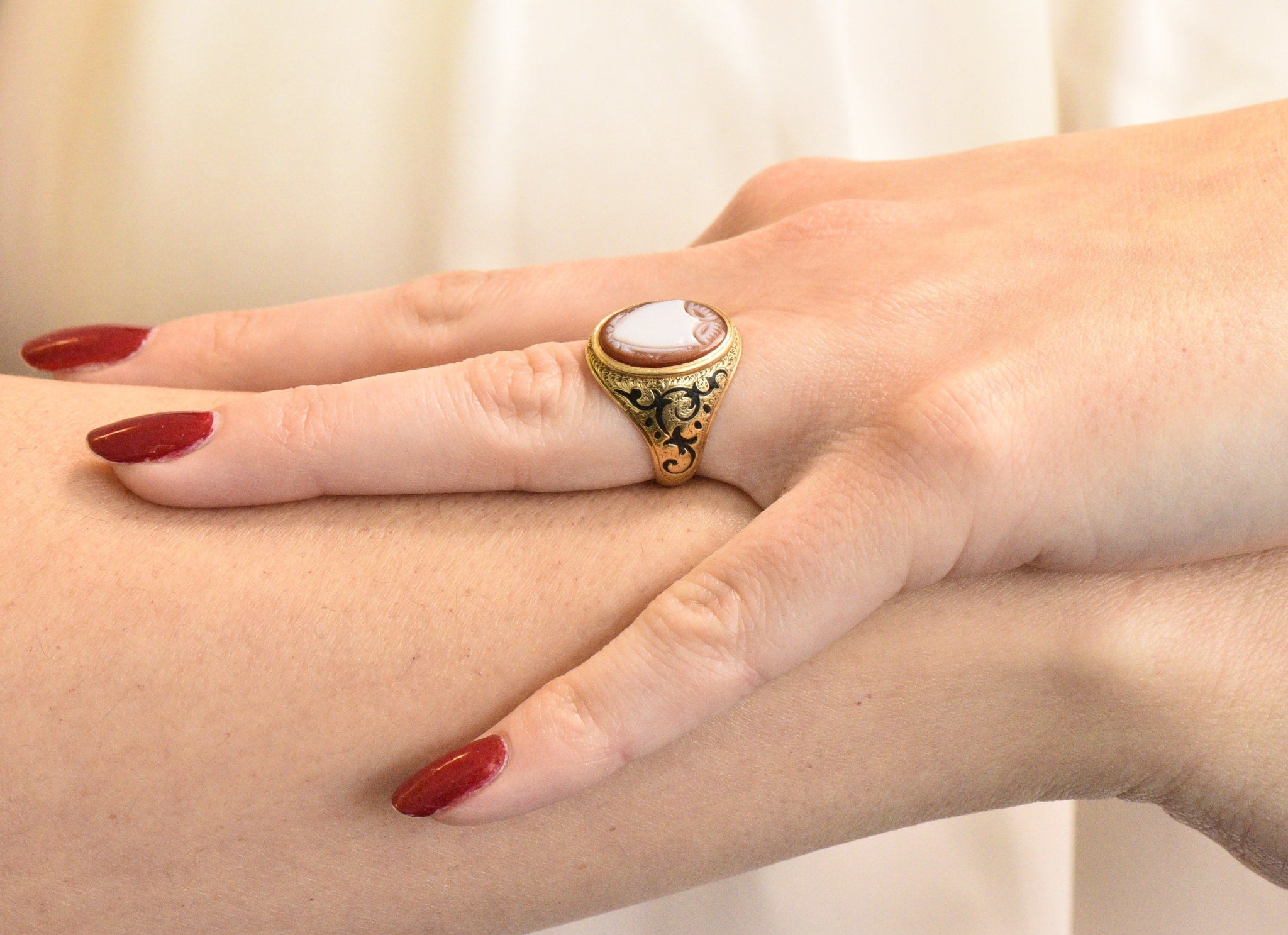 Victorian Carved Hardstone Enamel 14 Karat Gold Shield Unisex Signet Ring Wilson's Estate Jewelry